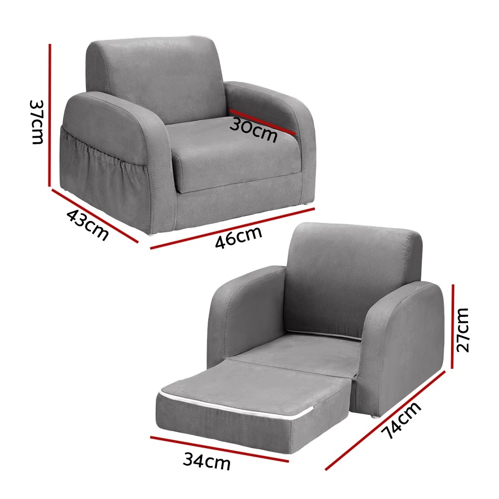 2 Keezi Kids Sofa 1 Seater Children Flip Open Couch Lounger Armchair Soft - Grey, 2 of 5