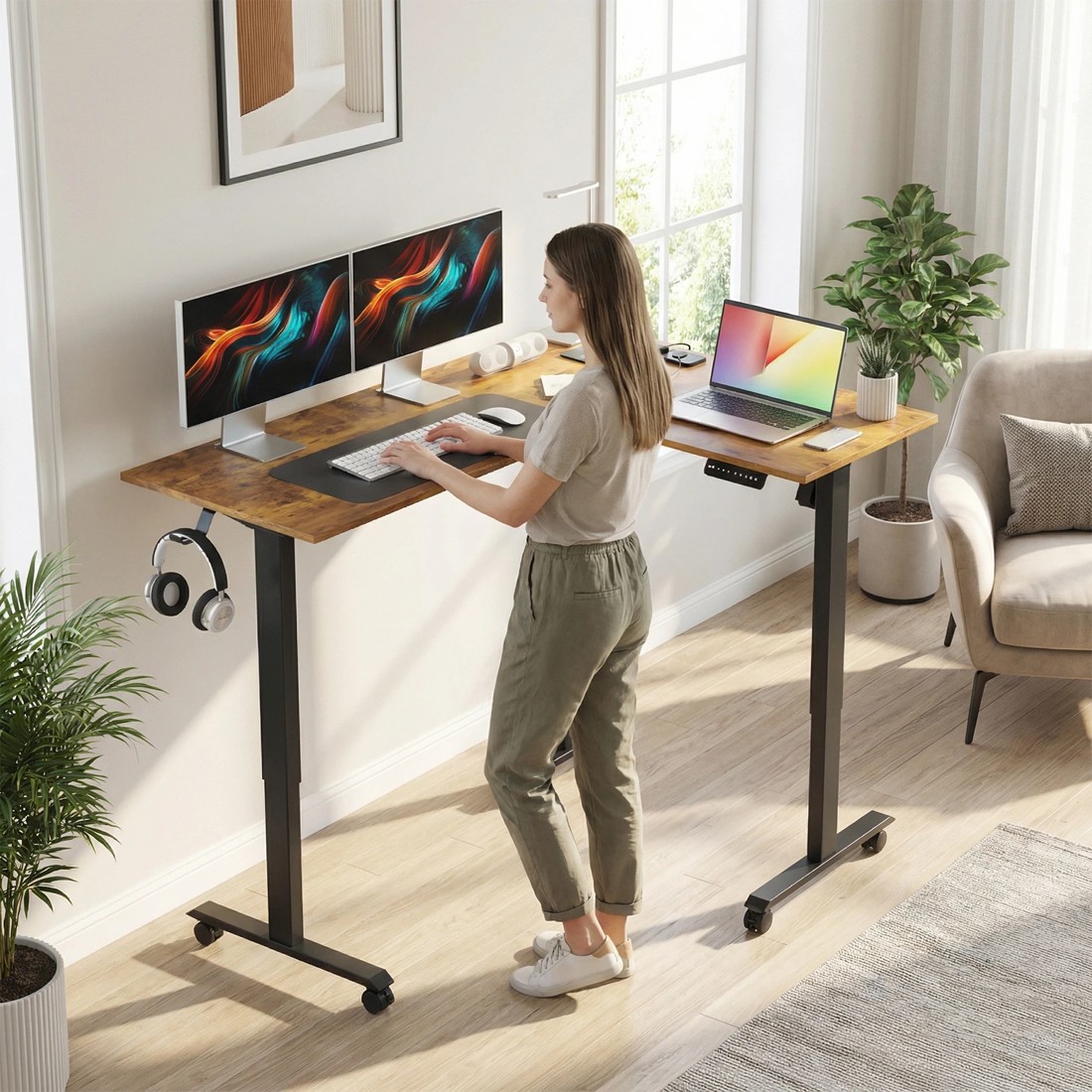 9 Advwin L Shaped Electric Standing Desk Adjustable Computer Desk with Charging Station - Brown, 9 of 9