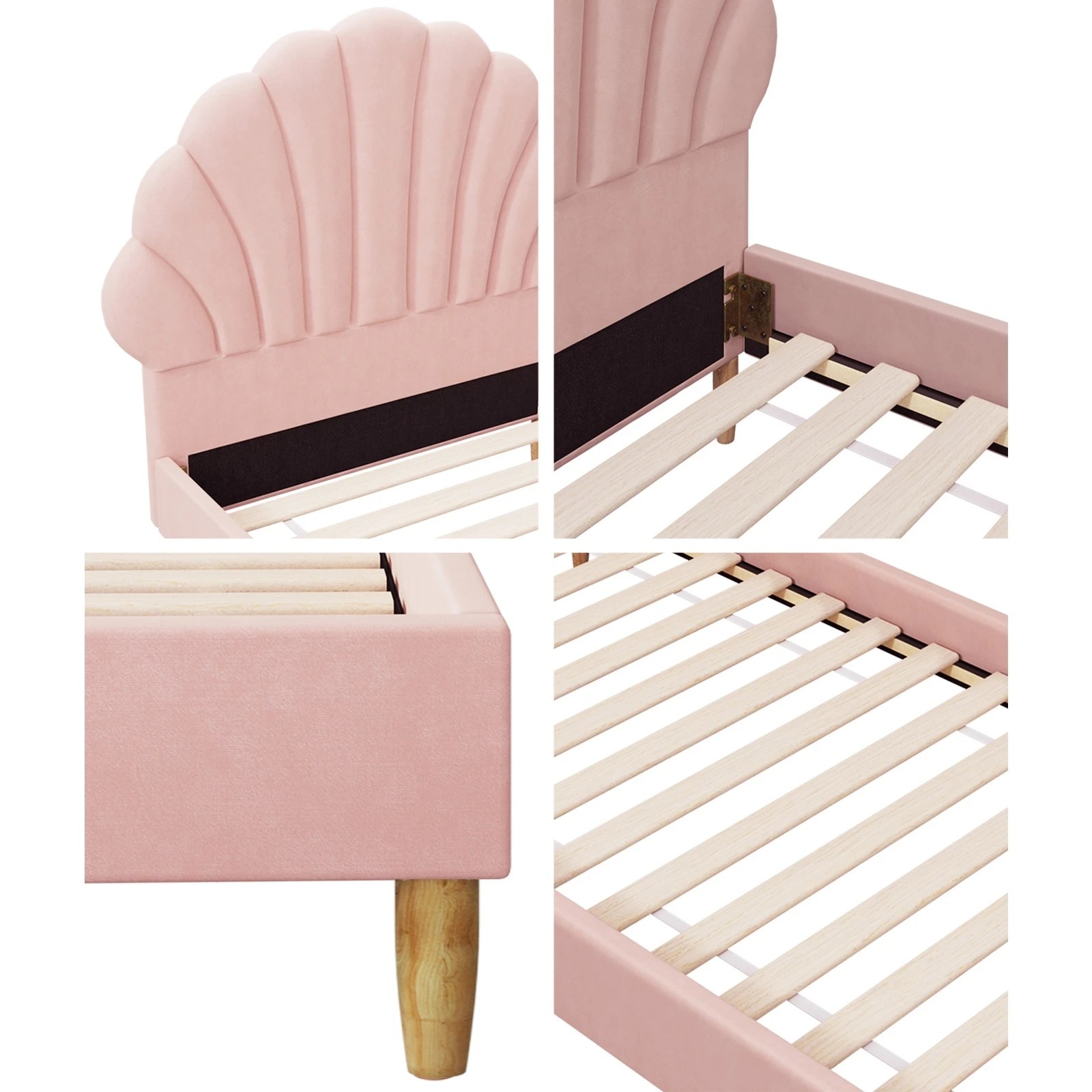 5 Oikiture Bed Frame Single Size Scallop-Shape Bedhead Velvet with Mattress - Pink, 5 of 7