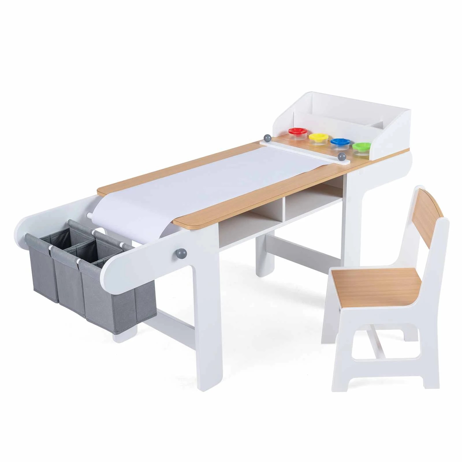 1 Costway Art Table Chair Set Craft Drawing Desk w/Paper Roll 4 Paint Cup - Natural, 1 of 2