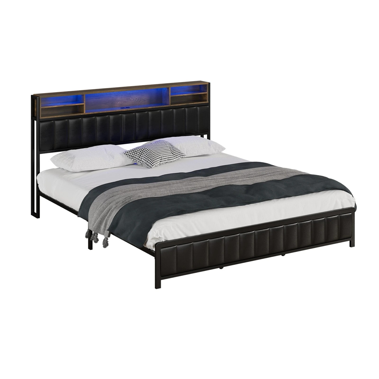 1 Oikiture Bed Frame King Single Size LED Storage Headboard With USB Charge - Black, 1 of 9