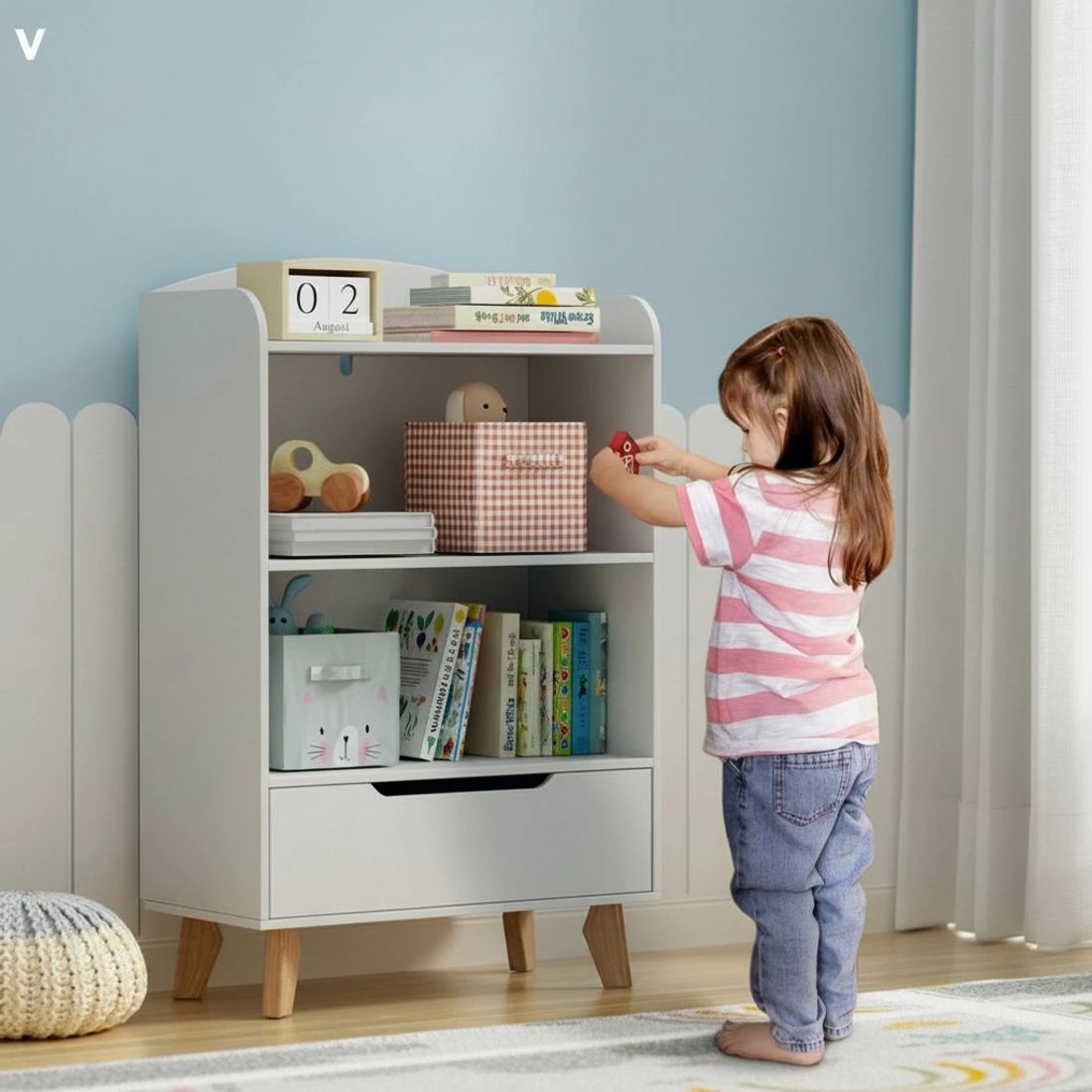 6 Keezi Kids Bookshelf 3 Tiers Storage Children Bookcase Toys Organiser Drawer - White, 6 of 8