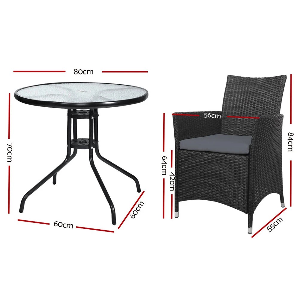 2 Gardeon 3PC Bistro Set Outdoor Furniture Rattan Table Chairs Cushion Patio - Black, 2 of 5