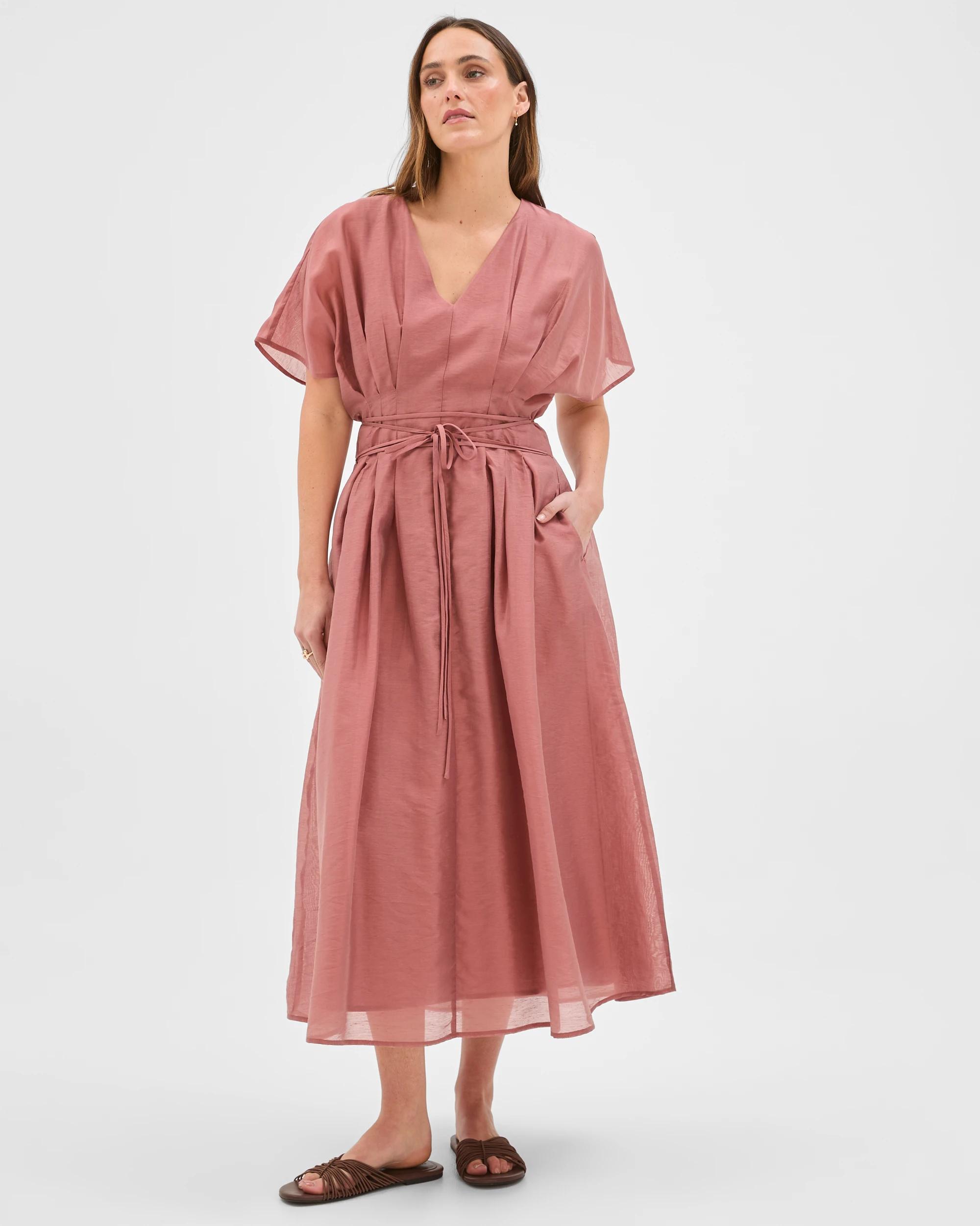 1 Preview Short Sleeve Tuck Detail Midi Dress ROSE SMOKE, 1 of 10