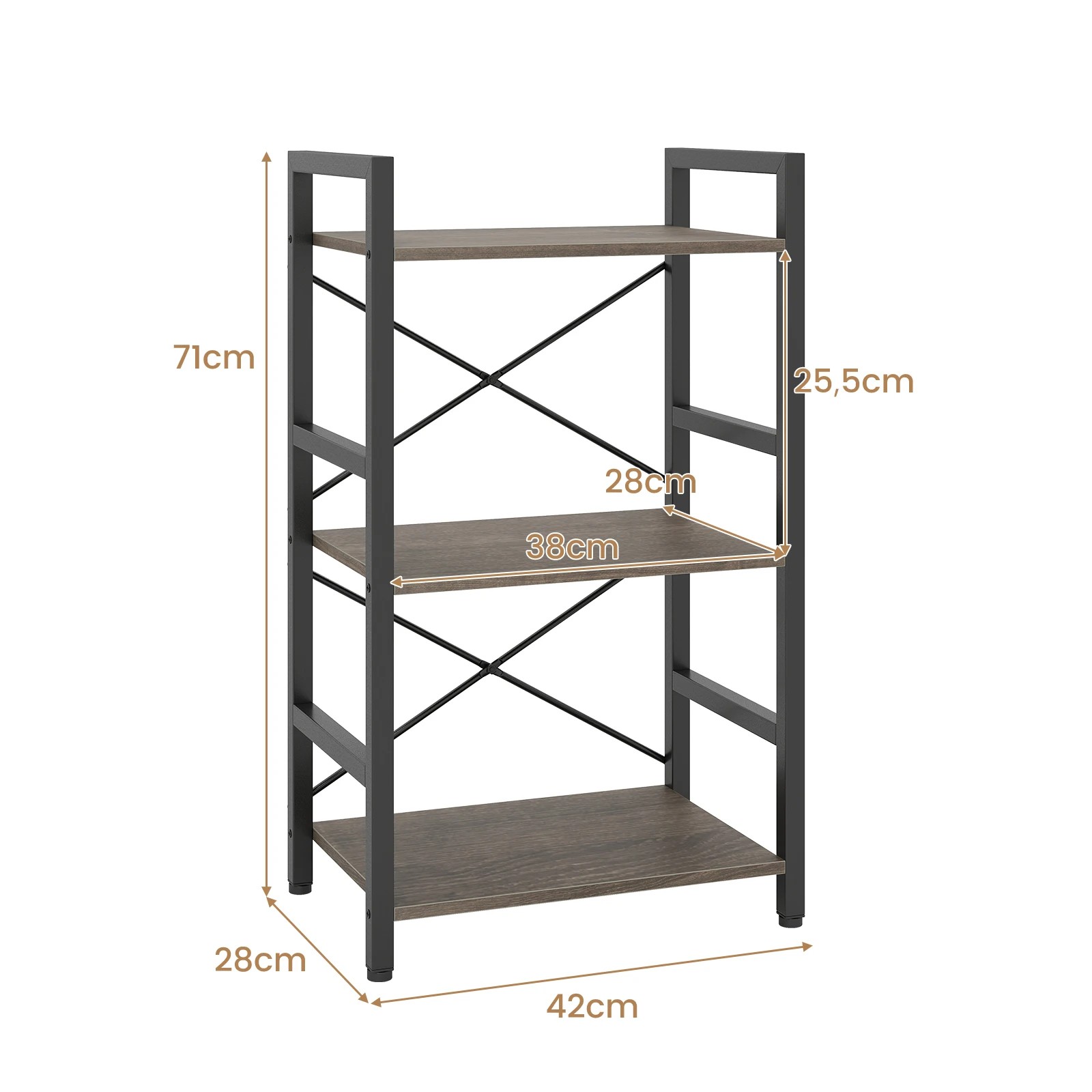 6 Costway 3-Tier Bookshelf Narrow Display Shelf Wooden Storage Racks Metal Bookcase Organiser - Grey, 6 of 6