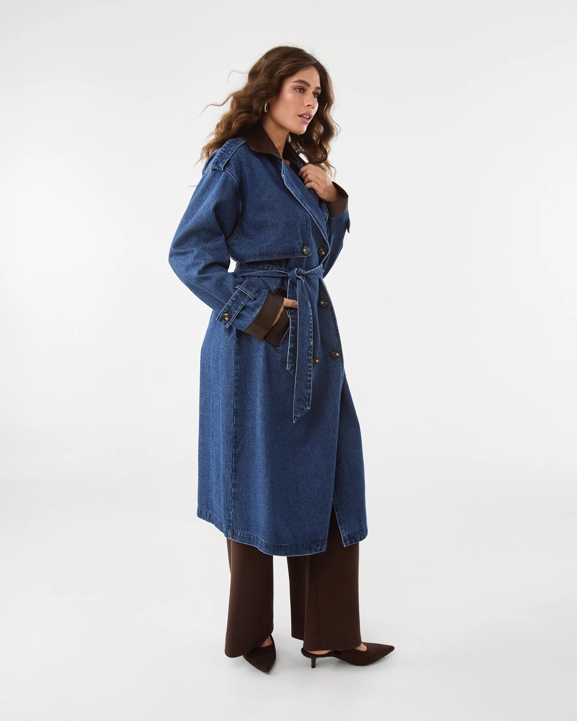 3 Leather Look Trim Denim Trench Coat Dark Wash, 3 of 9
