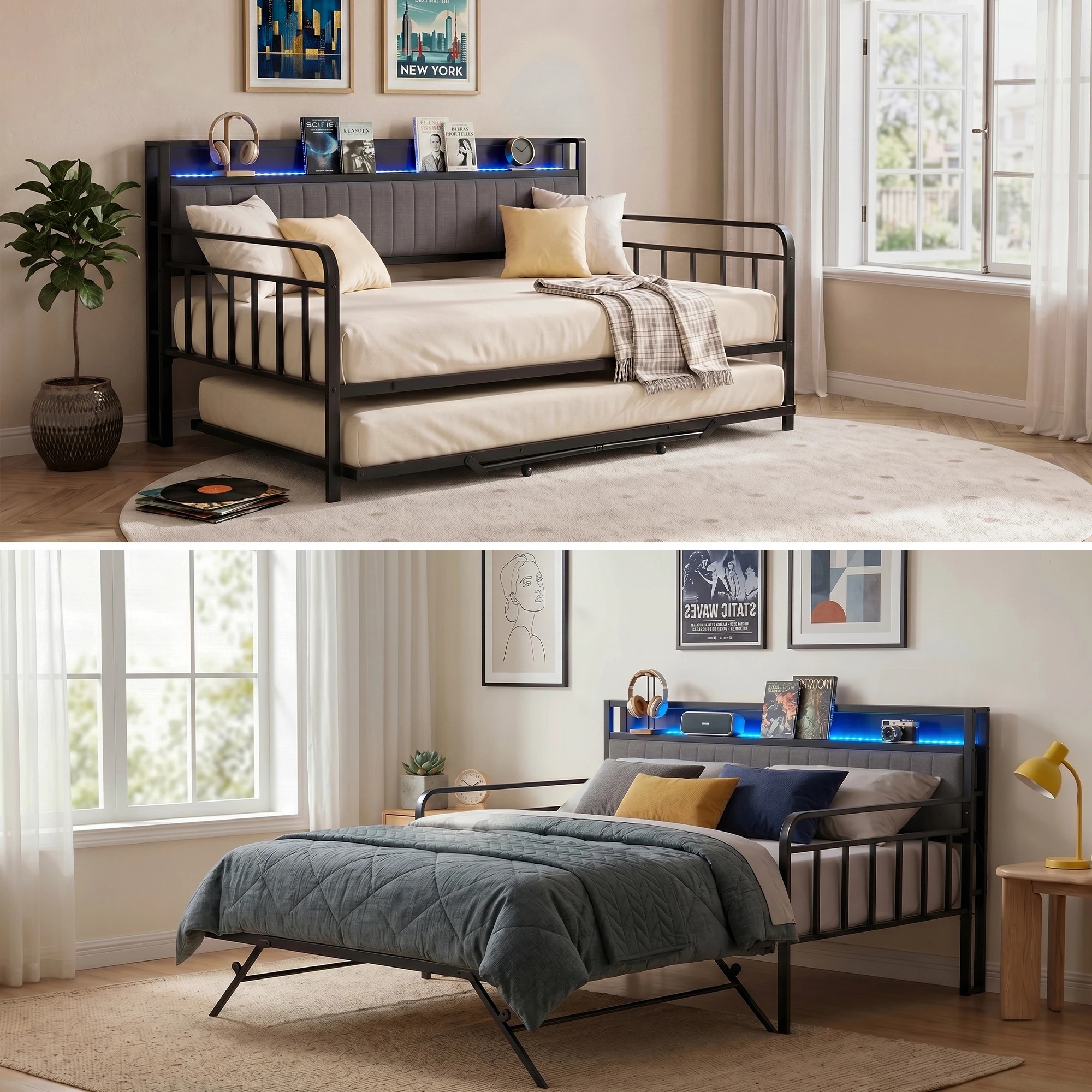 4 Artiss Bed Frame LED Metal Trundle Daybed with Charging Station - Double Bed - Black, 4 of 8