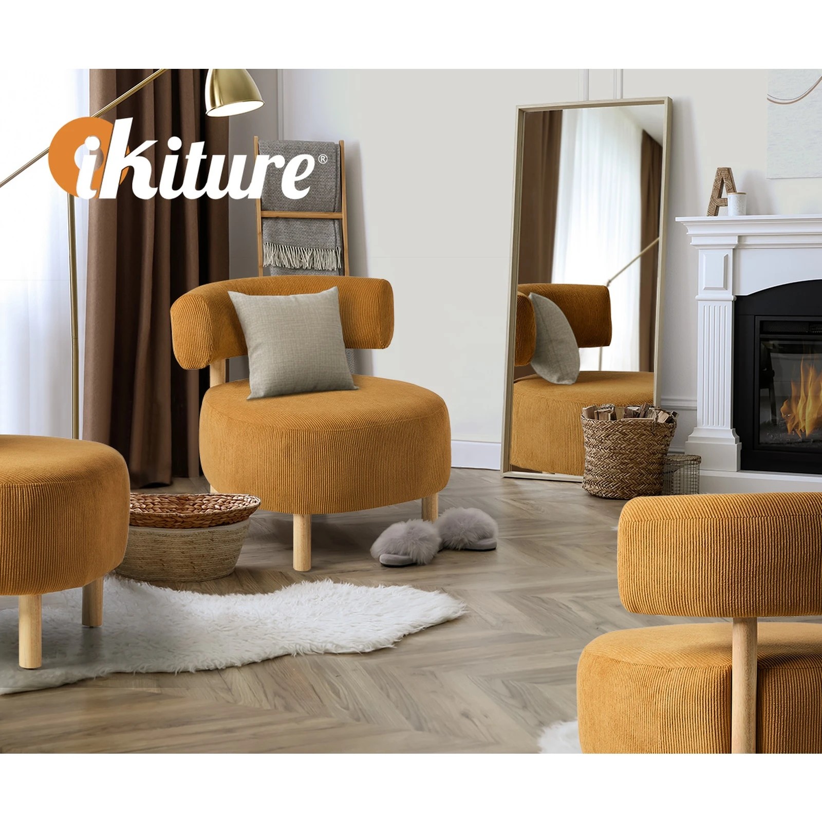 6 Oikiture Wooden Armchair Lounge Chair Velvet Accent Armchairs - Orange, 6 of 10