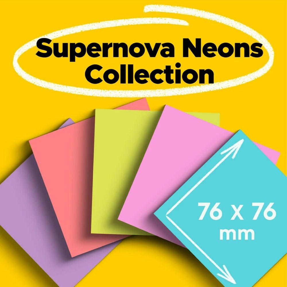 6 Post-it Super Sticky Notes 76 x 76mm Supernova Neons 10 Pack, 6 of 10