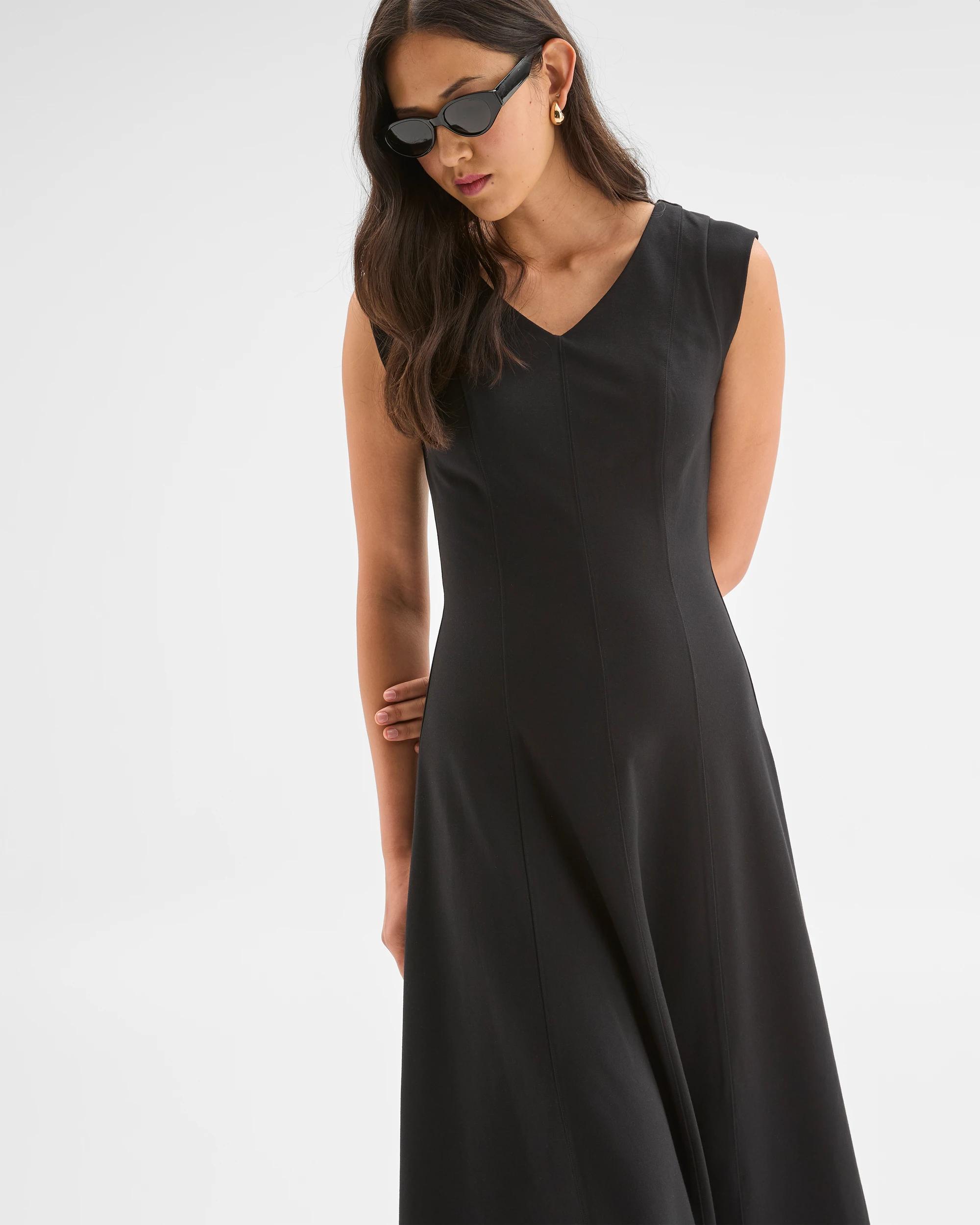 5 Preview Ponte Sleeveless Seamed A-Line Midi Dress BLACK, 5 of 8