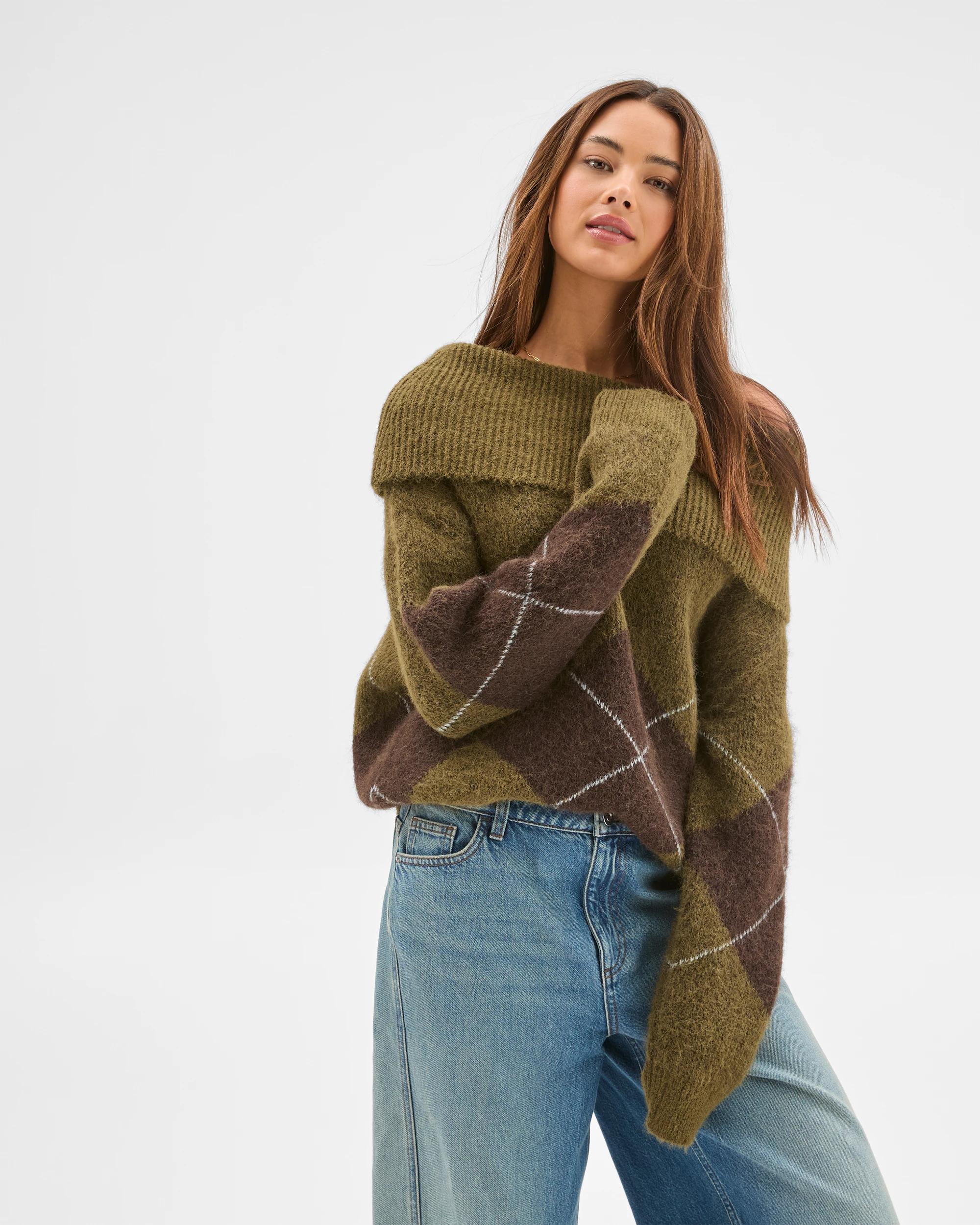 3 Lily Loves Fold Neck Argyle Jumper DEEP MOSS, 3 of 6
