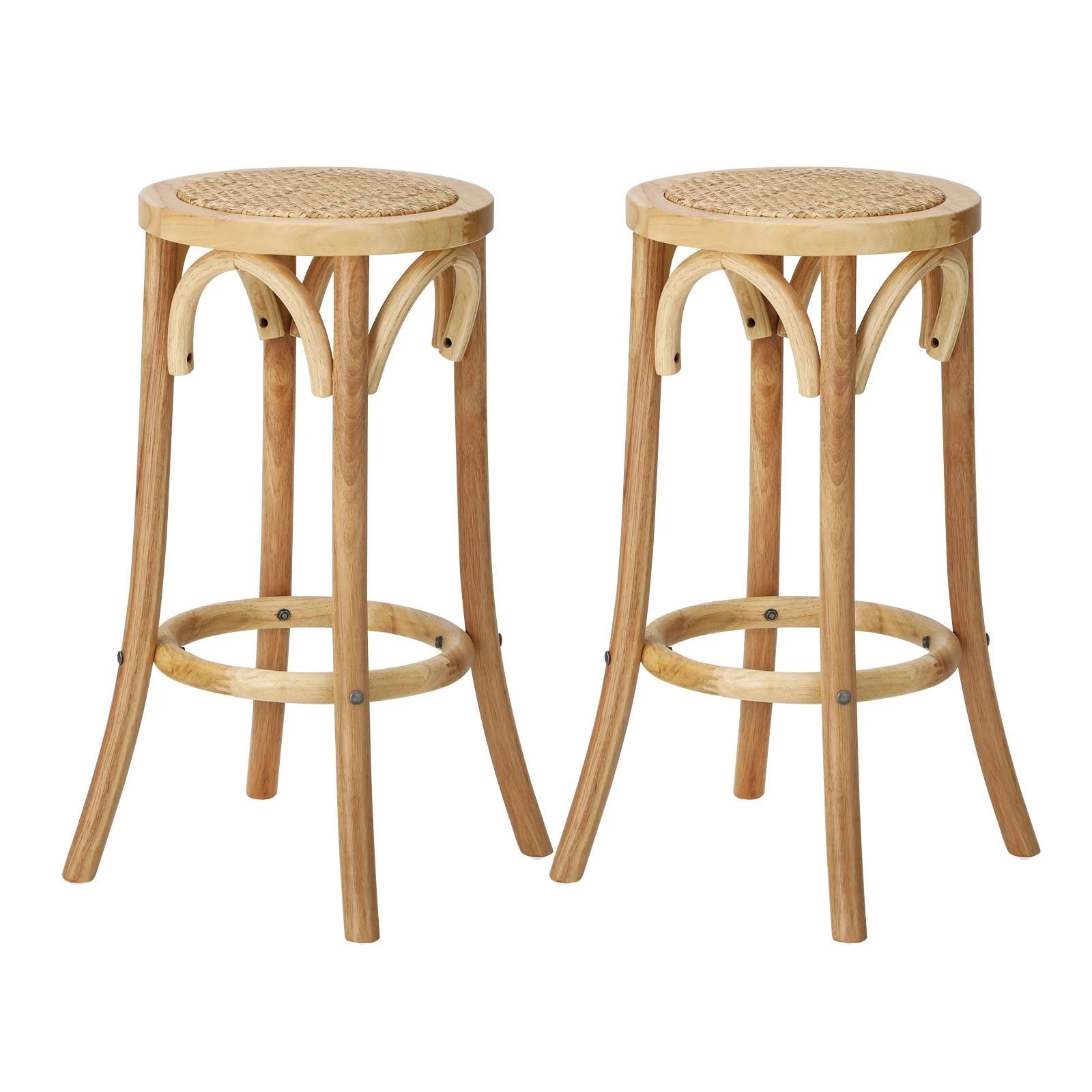 1 Oikiture 2x Bar Stools Kitchen Vintage Dining Chair Rattan Seat
 - Natural, 1 of 10