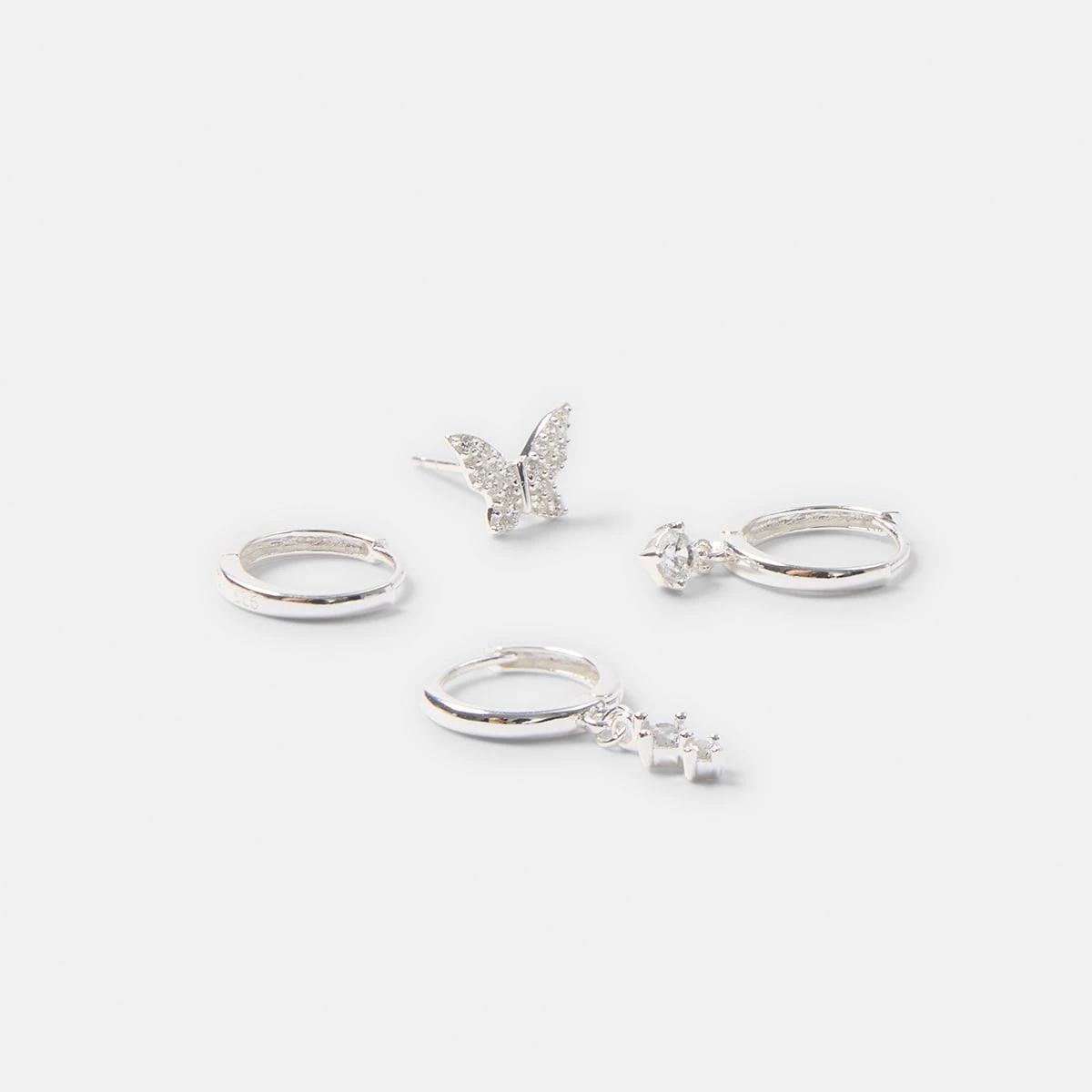 2 5 Pack Sterling Silver Butterfly Stack Earrings Silver, 2 of 5