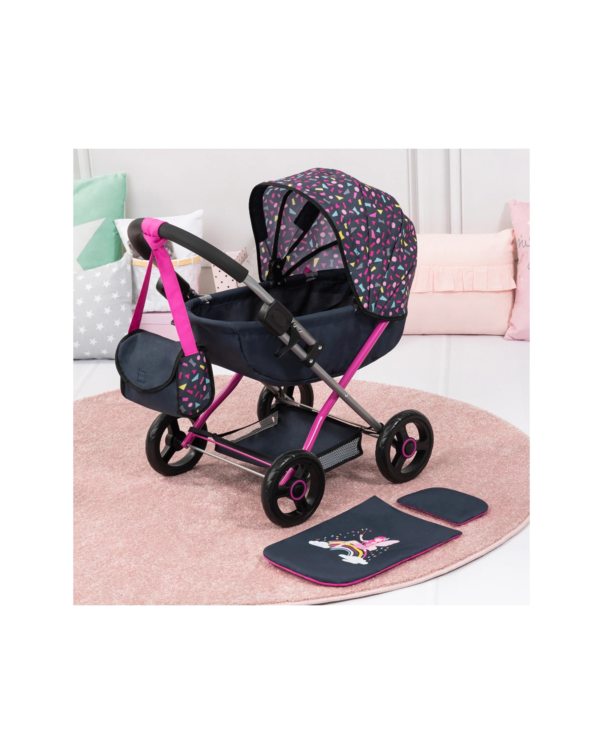 9 BAYER Cosy Geometric Doll Pram Includes Blanket And Pillow Shoulder Bag Foldable - Multi, 9 of 10