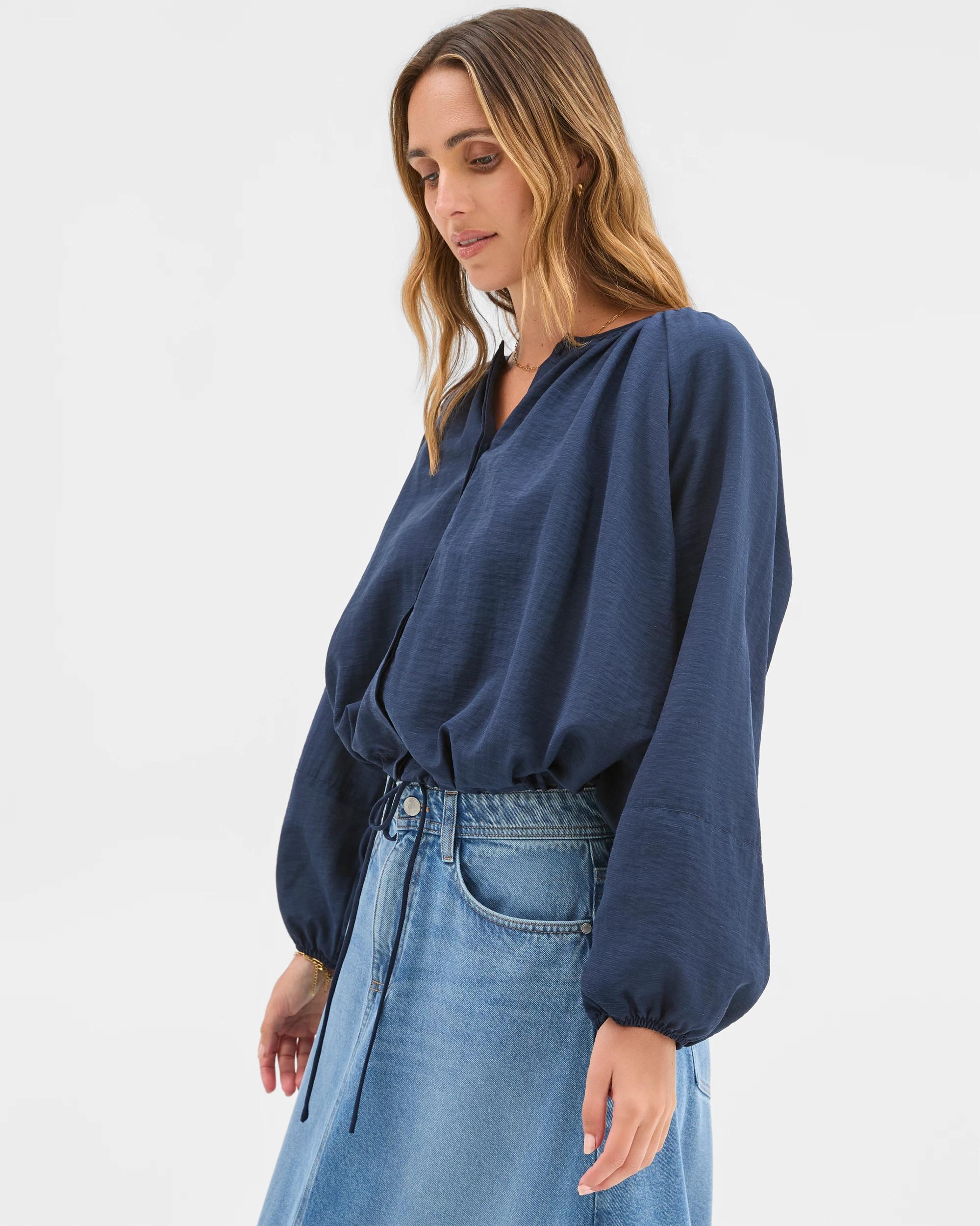 3 Target Woman Long Sleeve Button Front Bubble Hem Top NAVY BLAZER, 3 of 5