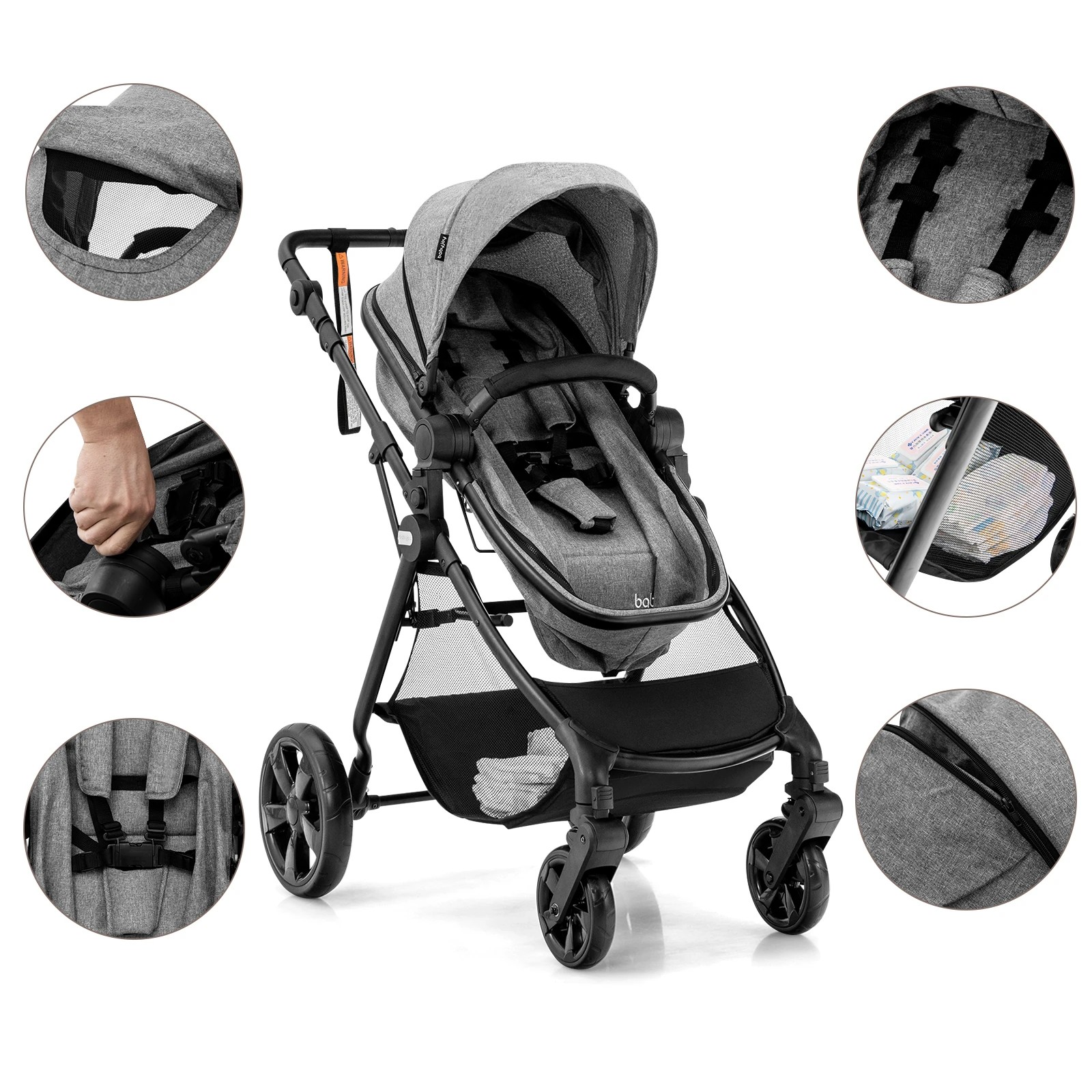 6 Costway Convertible Pram Folding Stroller - Grey, 6 of 6