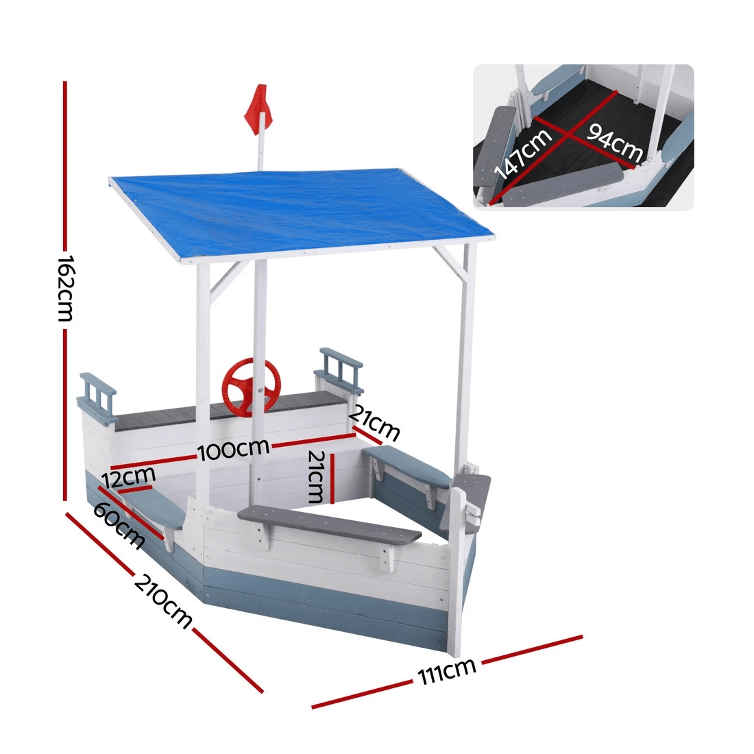 2 Keezi Kids Sandpit Wooden Box Boat Canopy Flag Outdoor Toys Children - Multi, 2 of 4