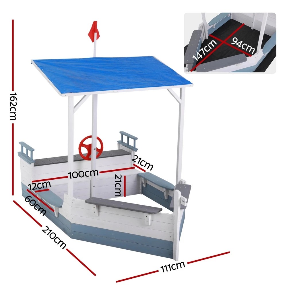 2 Keezi Kids Sandpit Wooden Box Boat Canopy Flag Outdoor Toys Children - Multi, 2 of 4