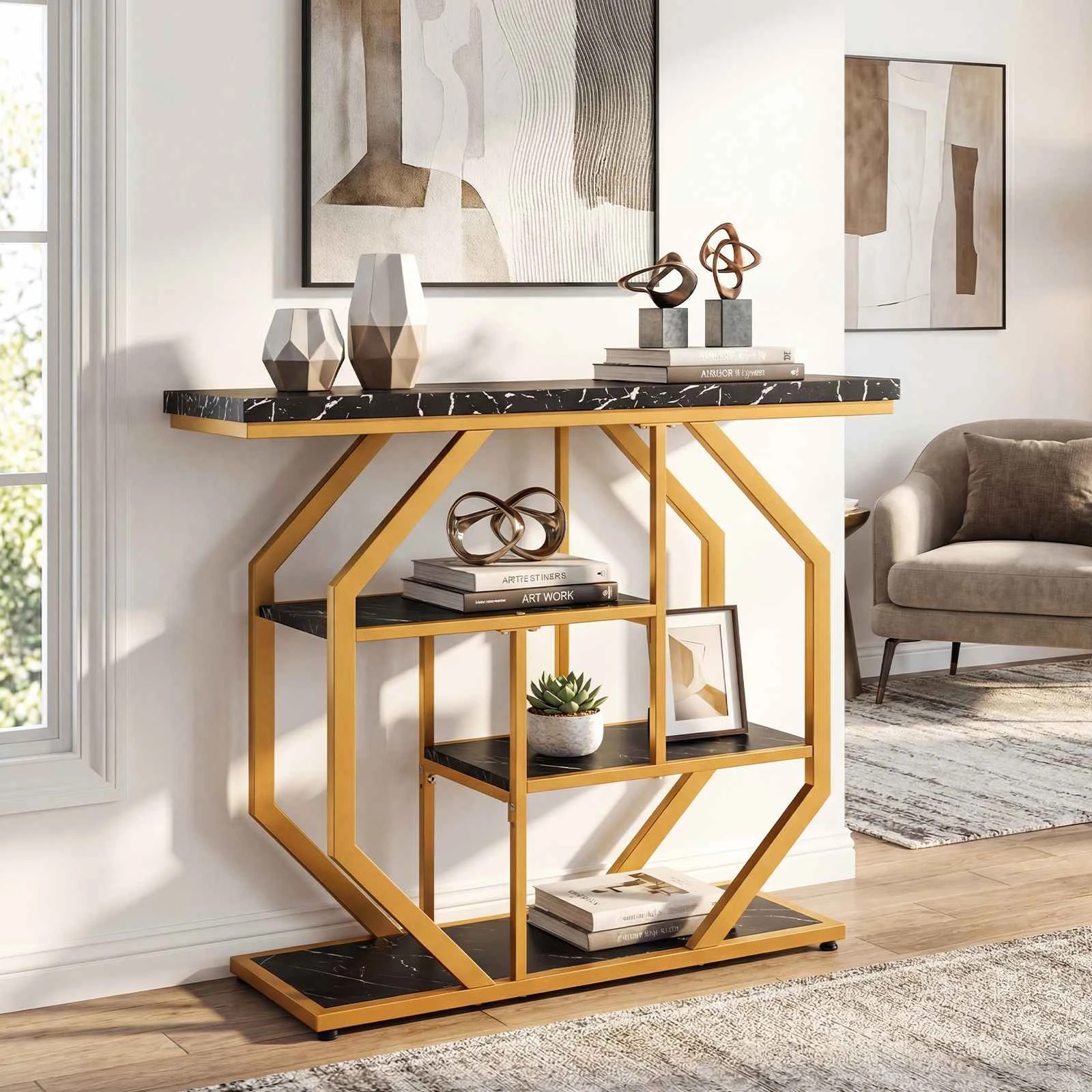 2 Costway 4-Tier Console Table Modern Entryway Table Faux Marble Sofa Table, 2 of 5