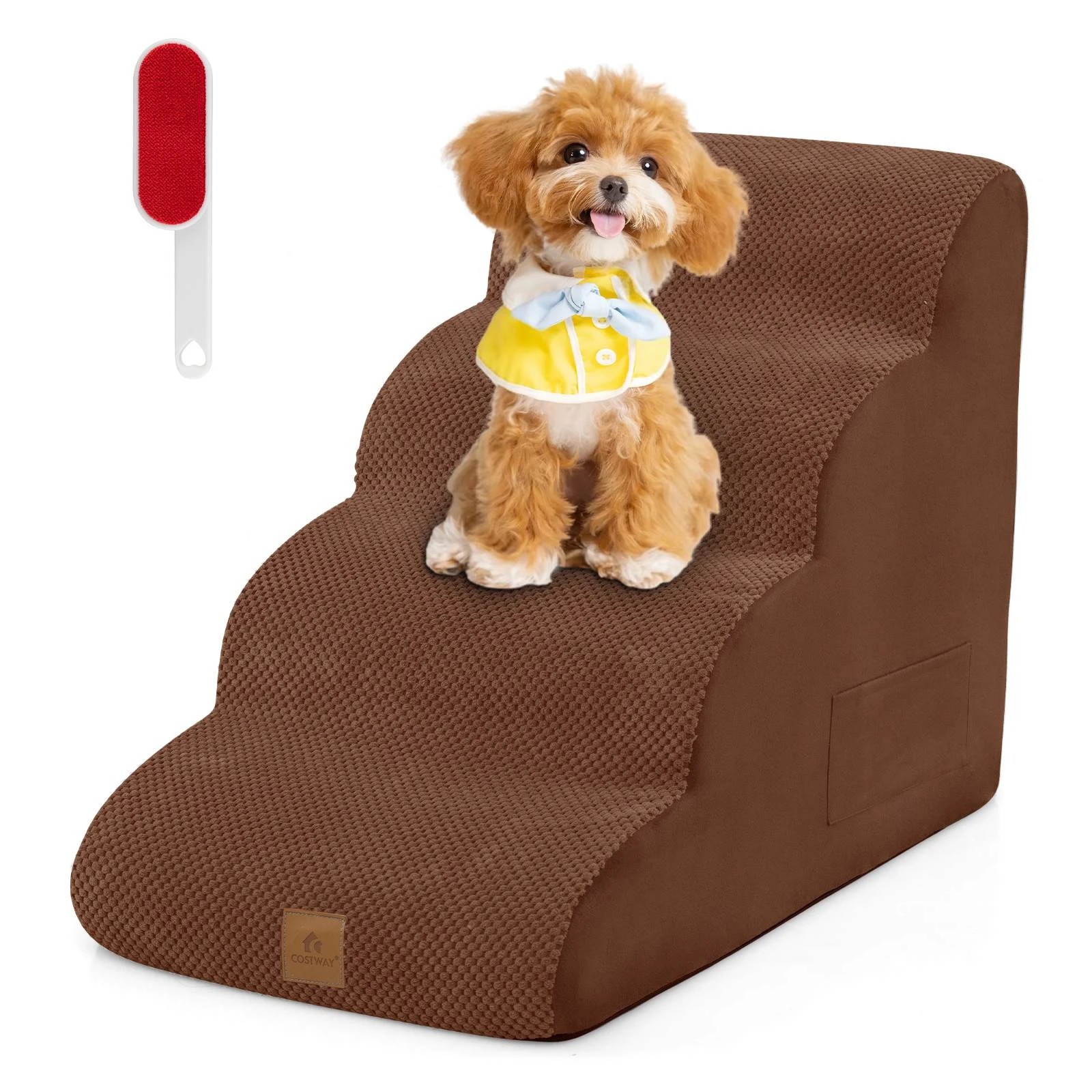 2 Costway 4-Step Dog Ramp Foam Pet Stair w/Storage Pocket & Handle - Brown, 2 of 5