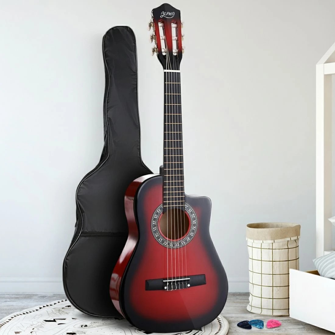 6 Alpha 34 Inch Classical Guitar Wooden Body Nylon String Beginner Kids Gift - Red, 6 of 6