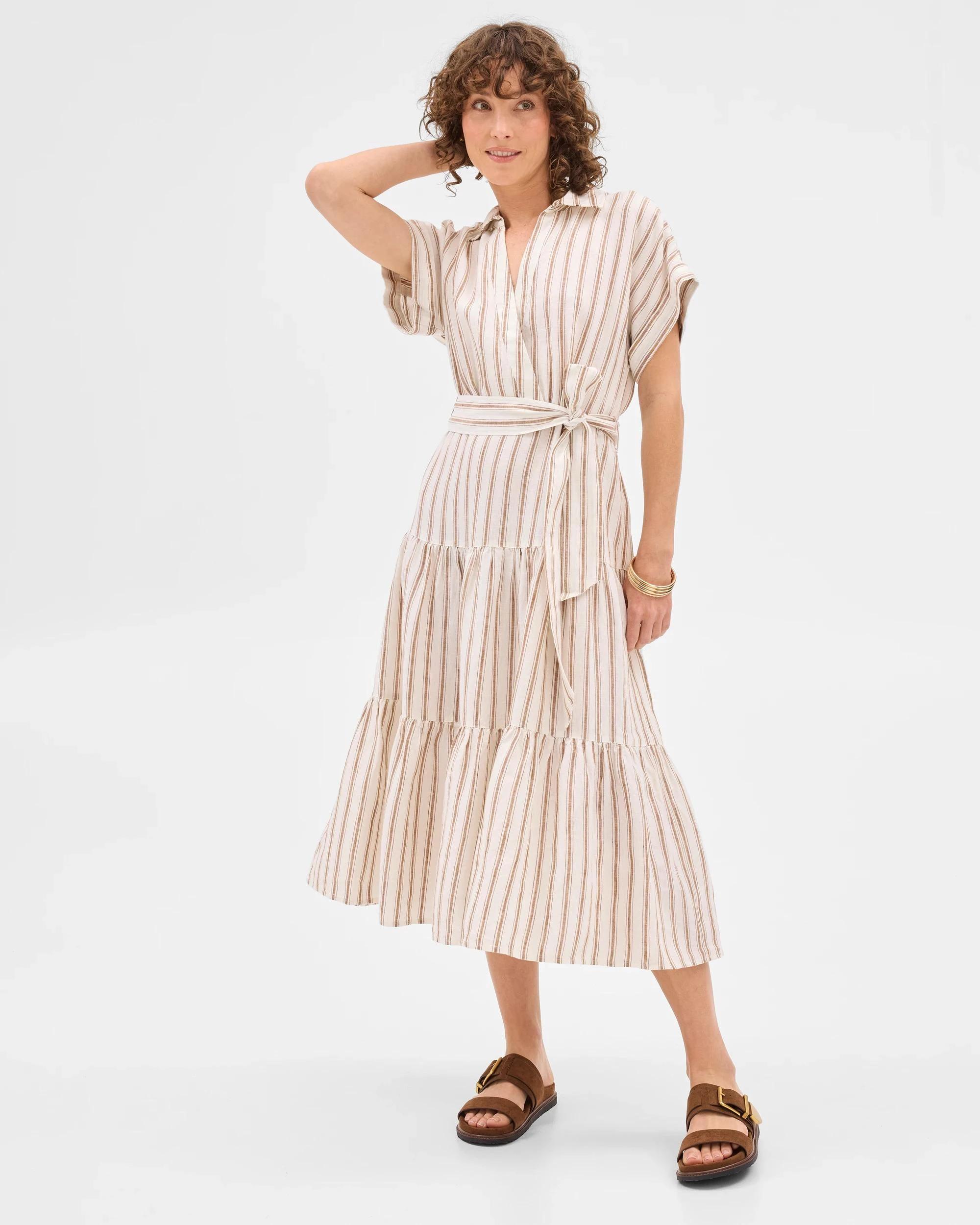 1 Target Woman European Linen Tiered Wrap Midi Dress GINGERBREAD/STRIPE, 1 of 9
