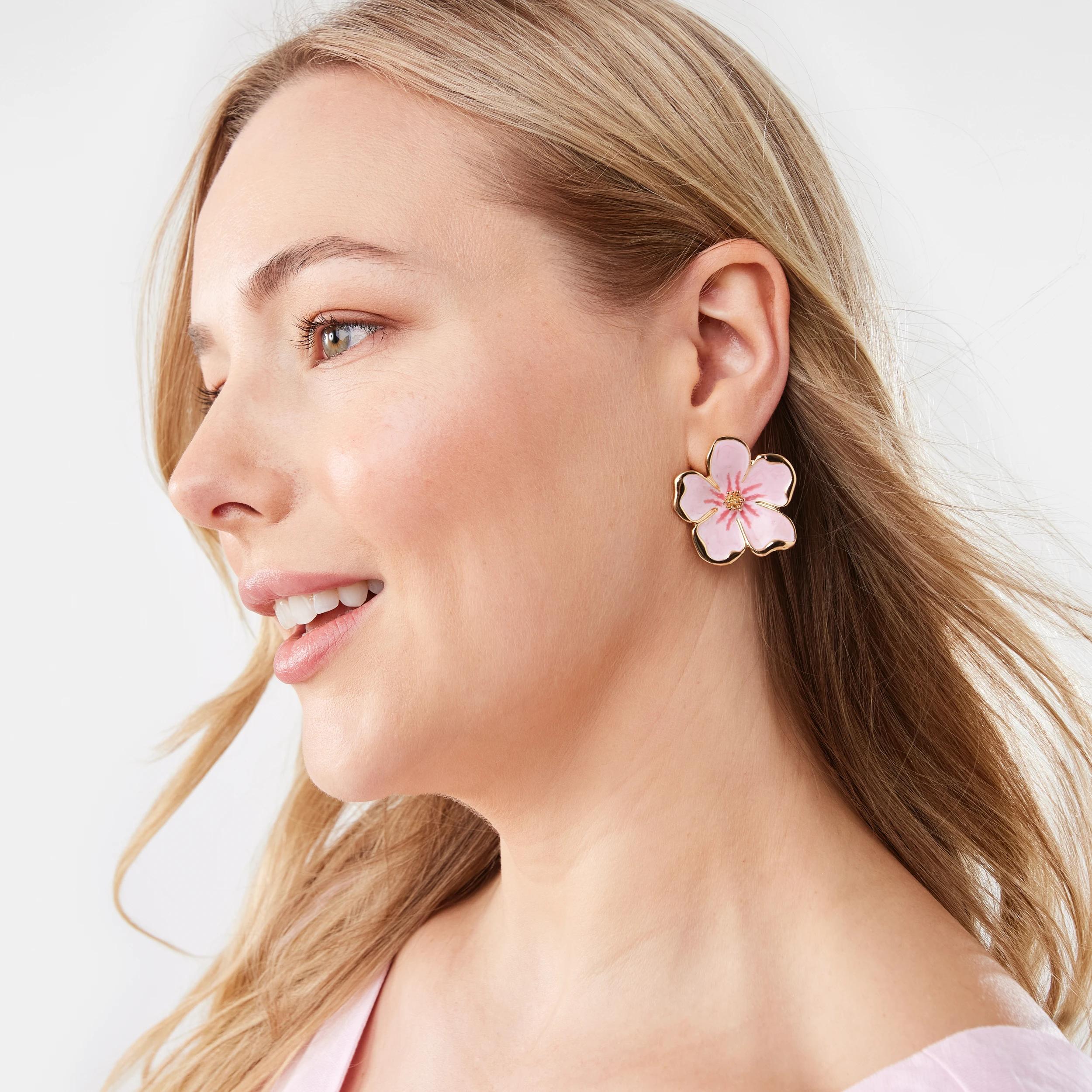 3 Flower Stud Earrings - Gold Tone and Pink GOLD METAL, 3 of 5