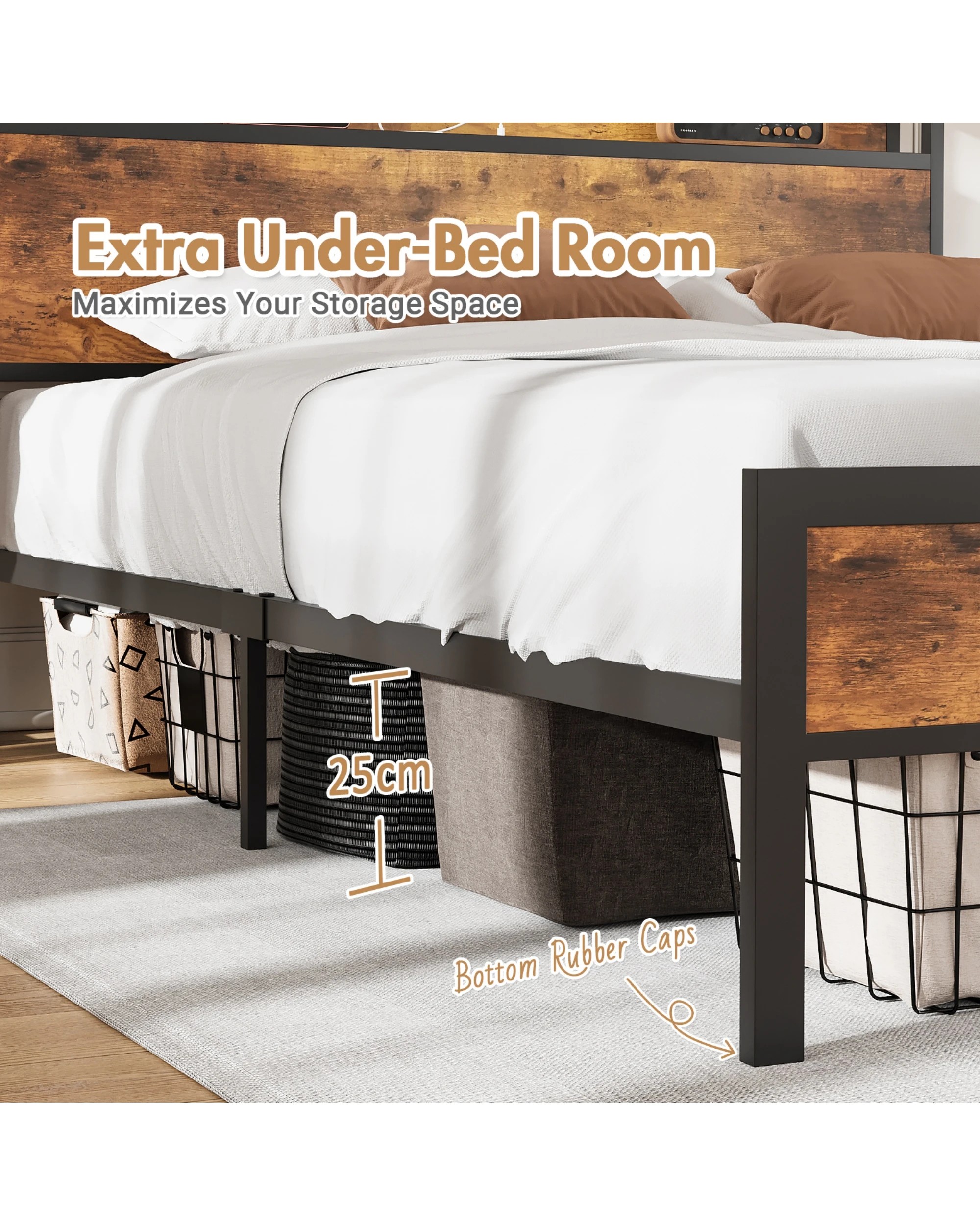 4 Advwin Queen Metal Bed Frame Storage Headboard With Charging Station And Usb Ports, 4 of 7