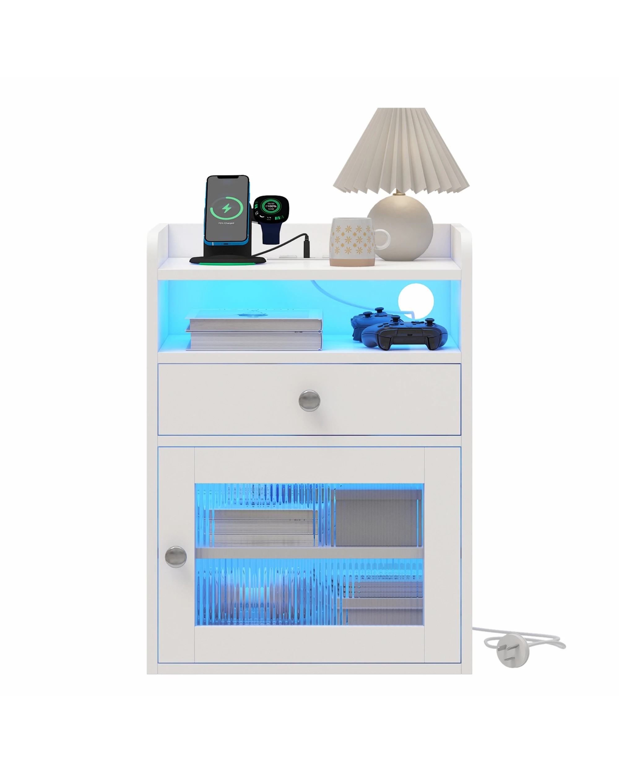 6 Advwin 2xBedside Table Acrylic Door With with Charging Station & LED Light - White, 6 of 8