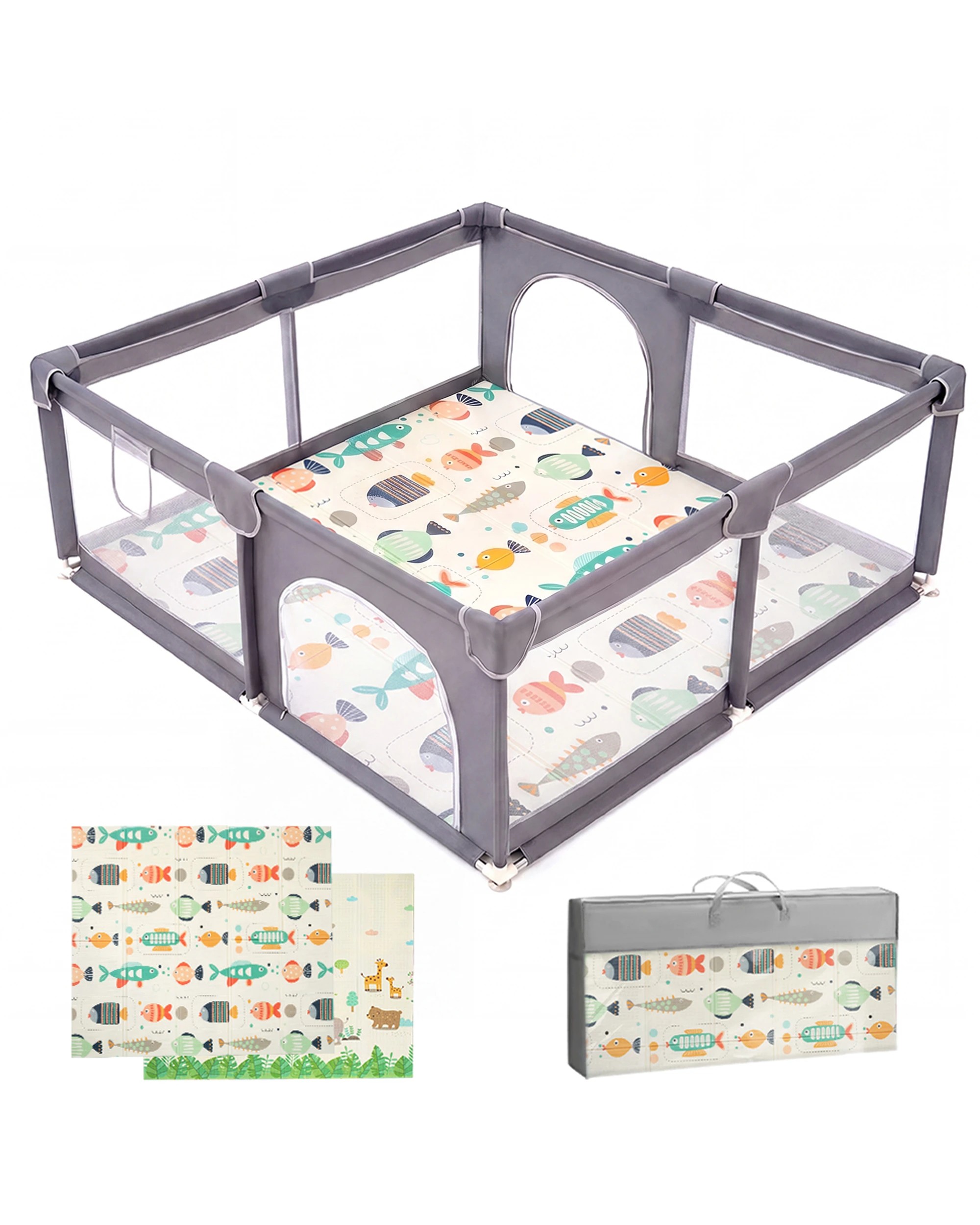 1 Playpals Baby Playpen 2 Door Mesh Toddler Fence 180x200cm w/ Play Mat Fish, 1 of 10