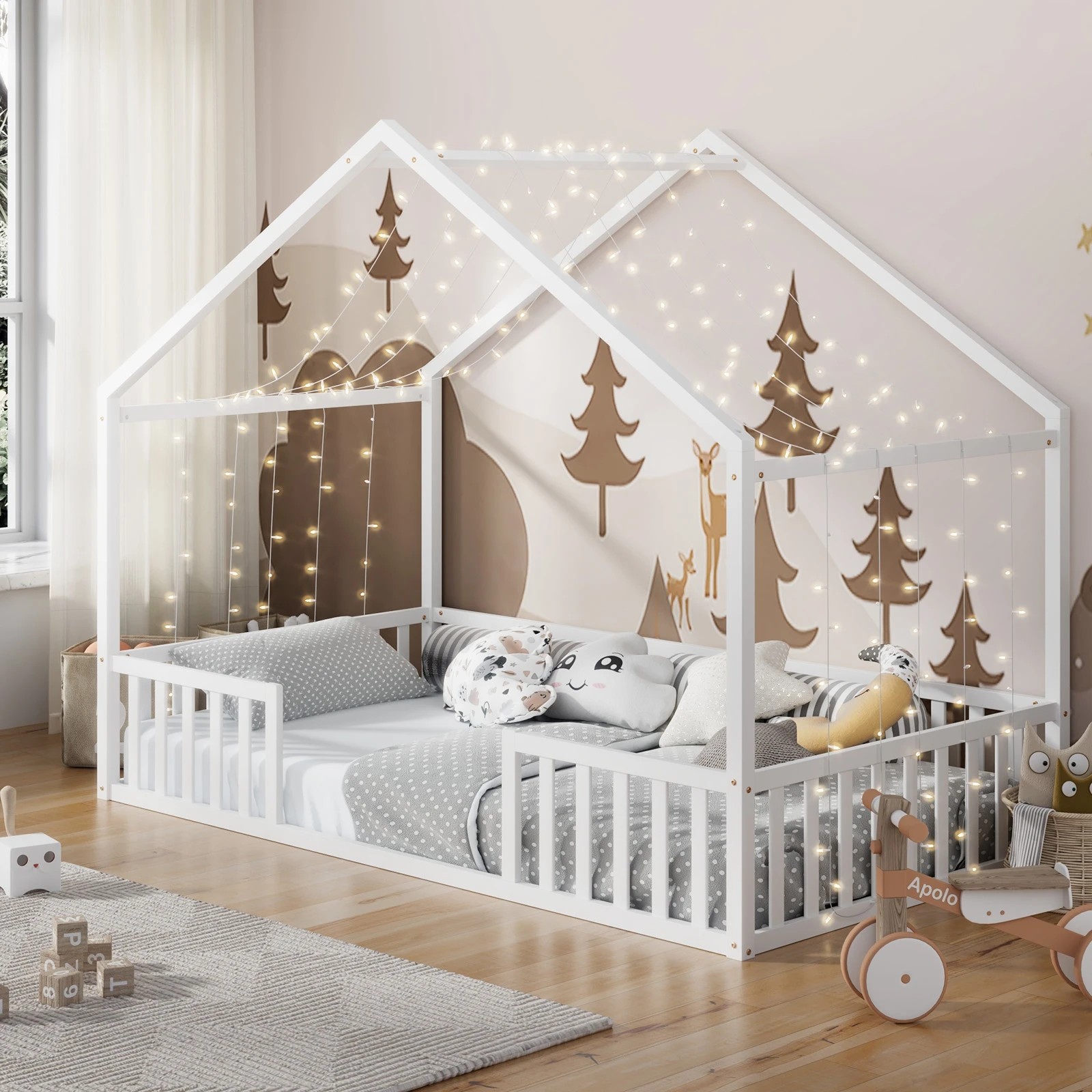 3 Oikiture King Single House Bed Kids Wooden Bed Frame - White, 3 of 10