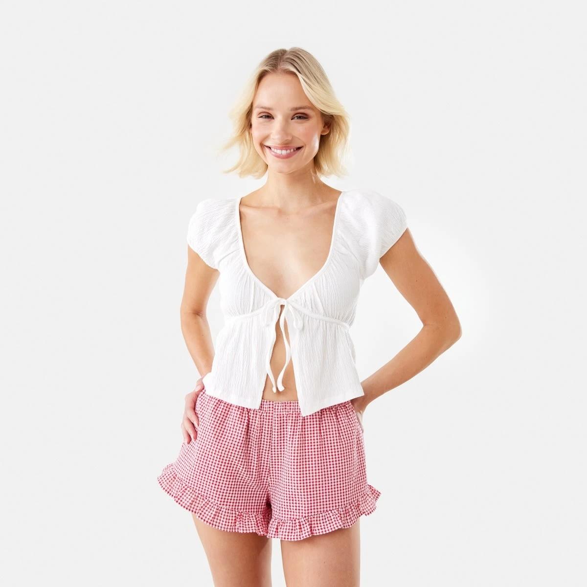 8 Short Sleeve Textured Tie Front Top Snw White, 8 of 9