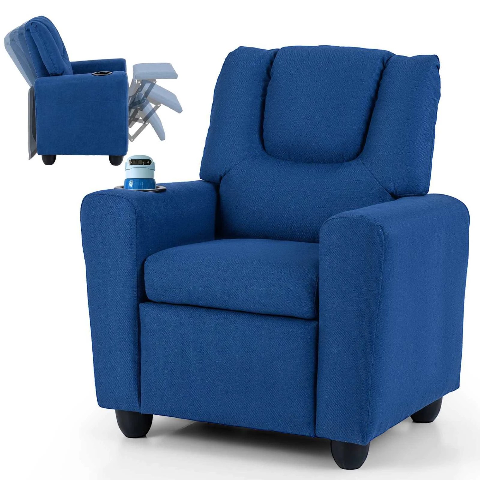 1 Costway Recliner Chair PU Leather Push Back Kids Sofa - Blue, 1 of 2