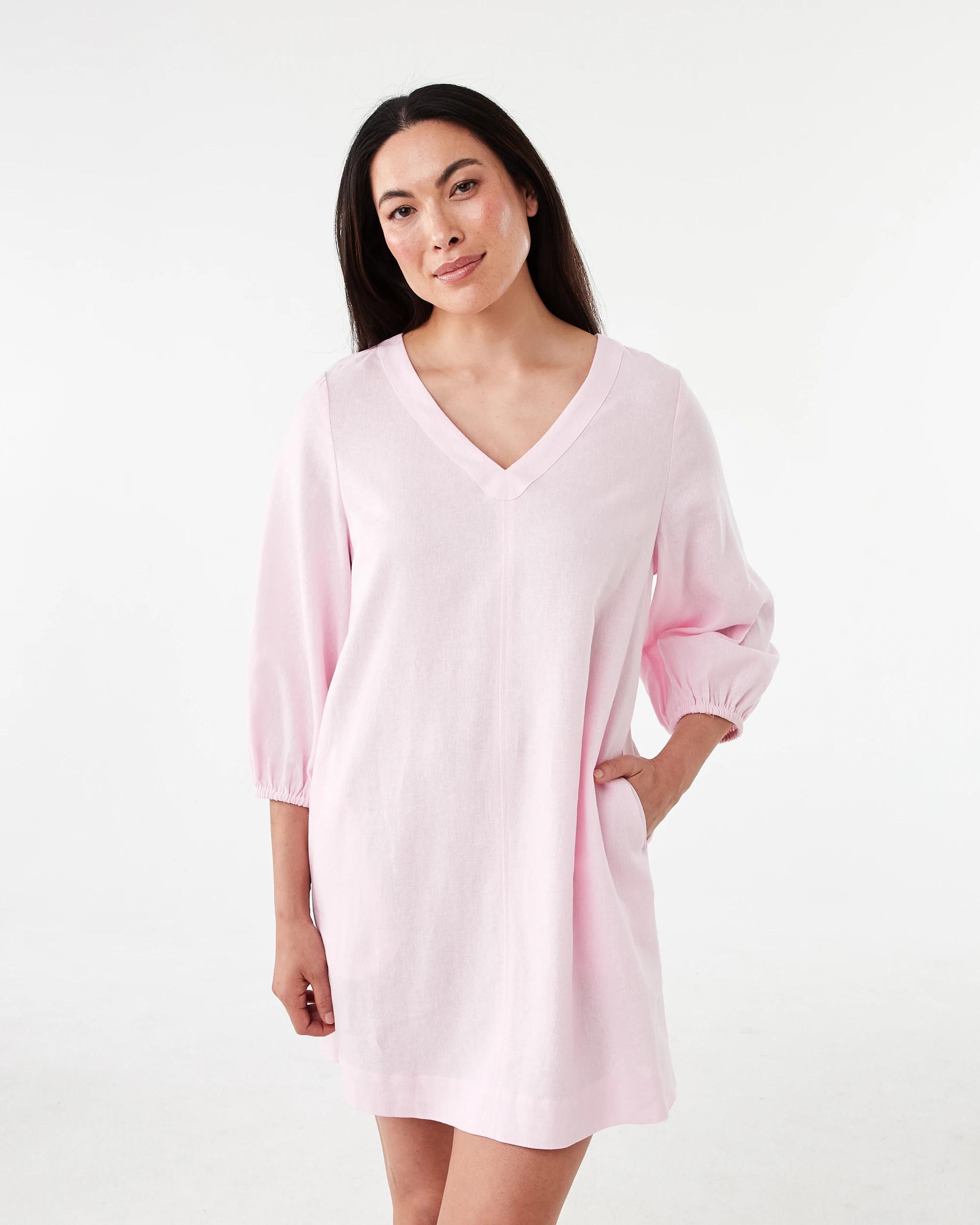 1 Long Sleeve Linen Blend V-Neck Mini Dress Bllet Pink, 1 of 7