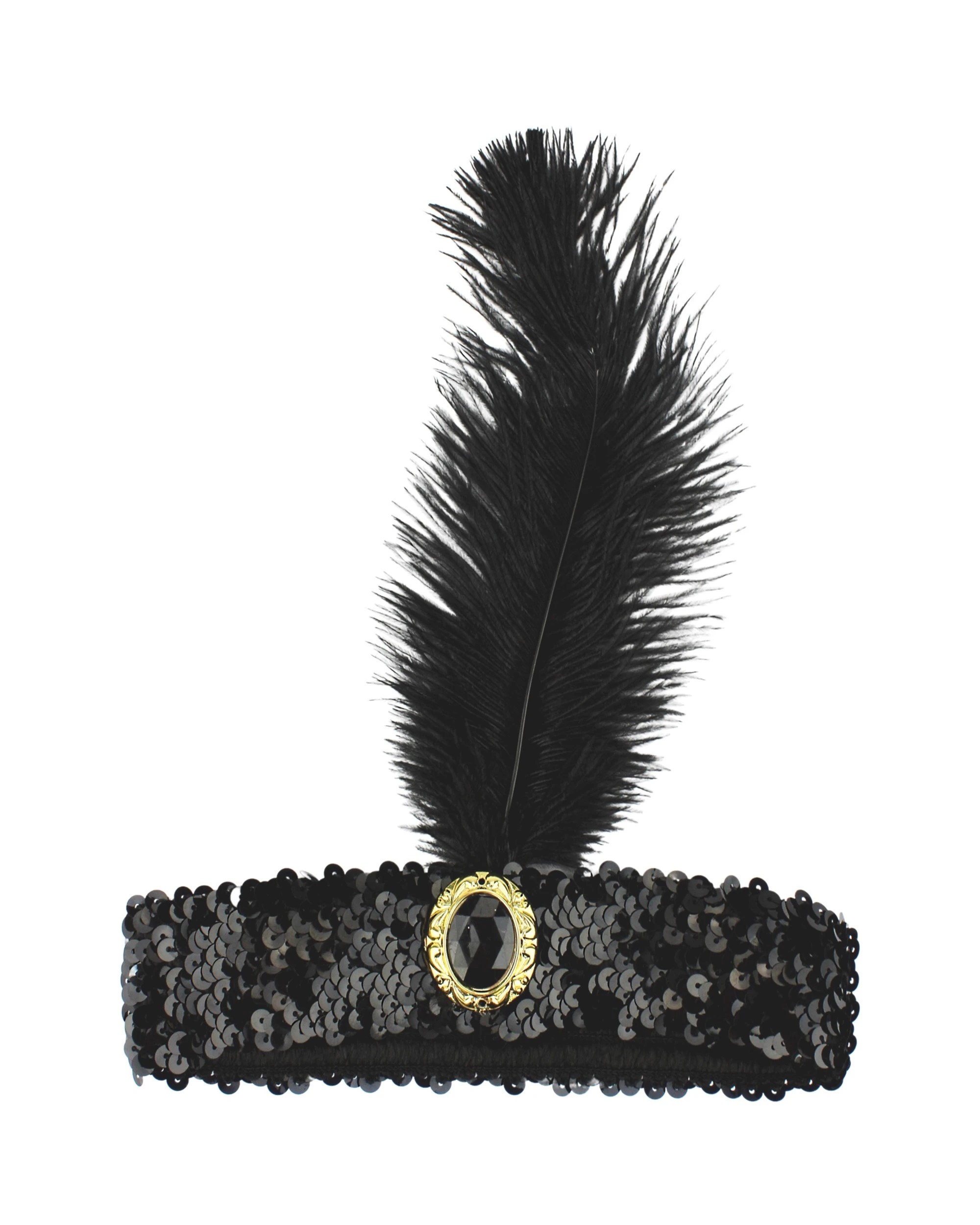 1 Partyrama 20's Black Sequin Feather & Jewel Flapper Headband - Black, 1 of 1