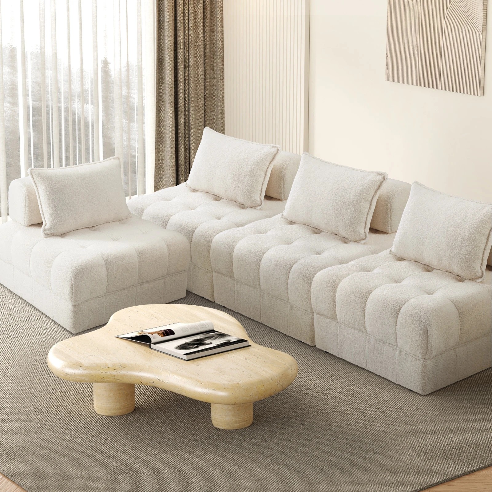 2 Oikiture 4 Seater Boucle Modular Sofa Lounge Chair Armless Tofu Back
 - White - White, 2 of 10