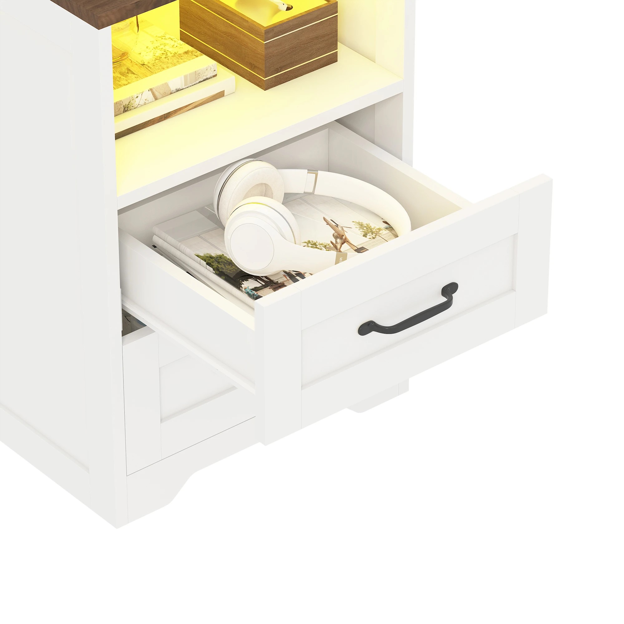 6 Advwin Set of 2 Farmhouse Bedside Table with 2 Drawers, Charging Station & LED Light - White, 6 of 8