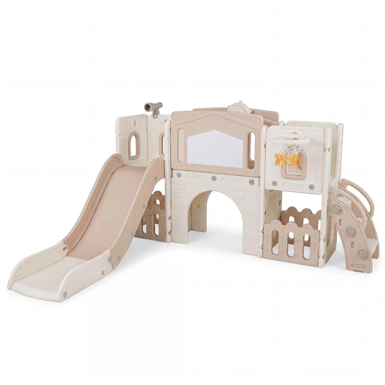 1 Costway 9 in 1 Slide Set Climber Playset Basketball Hoop Telescope Music Box Climb Ladder - Grey, 1 of 3