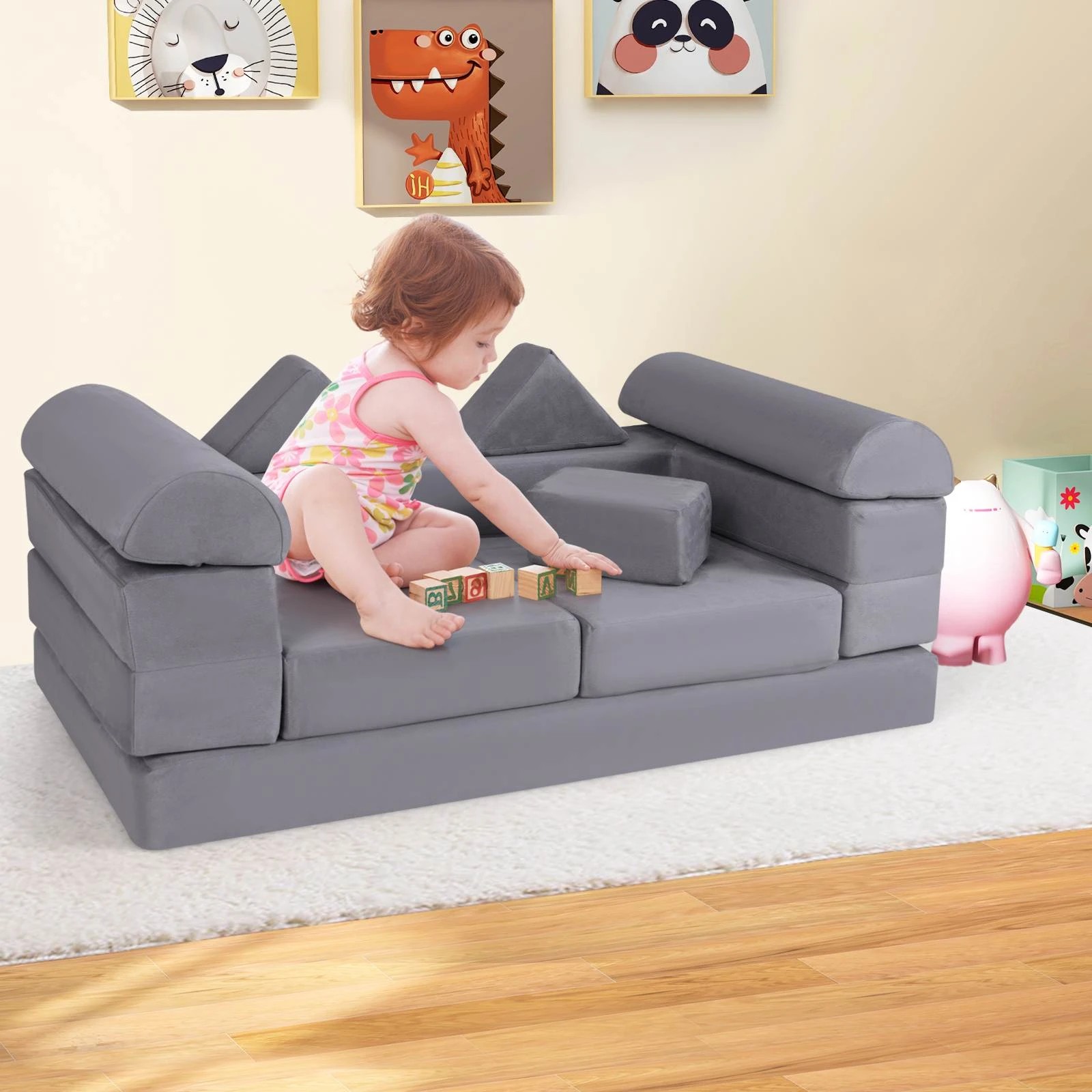 3 Costway 8PCS Kids Modular Play Sofa Funiture Set Grey, 3 of 3
