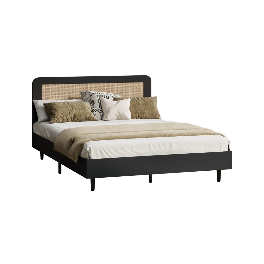 1 Oikiture Queen Bed Wooden Bed Frame With Rattan Headboard
 - Black, 1 of 10