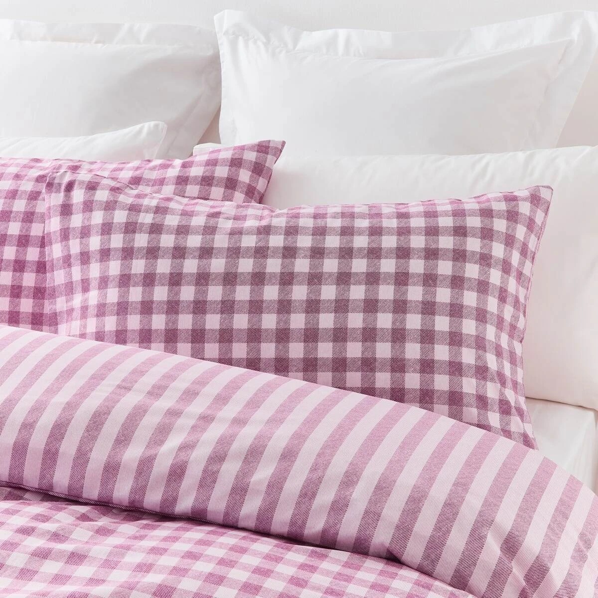 3 Gingham Cotton Rich Reversible Quilt Cover Set - Queen Bed, Berry, 3 of 7