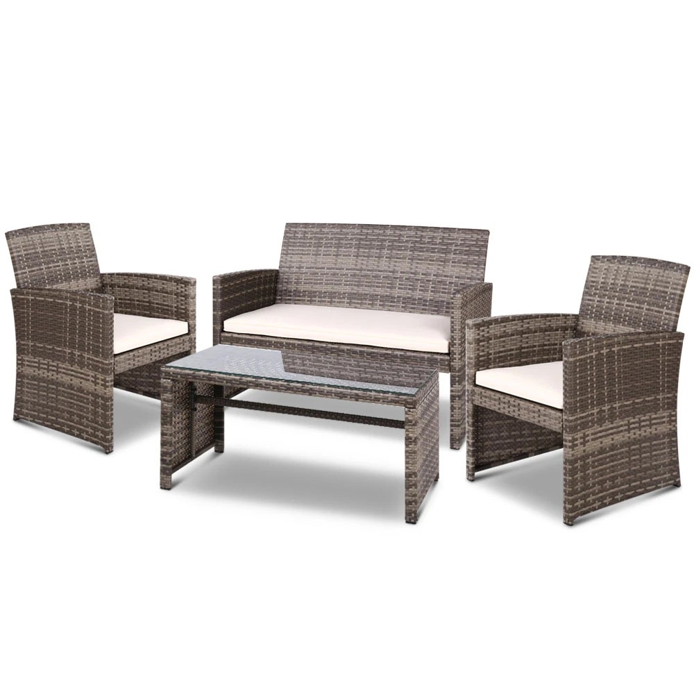 1 Gardeon 4 PCS Outdoor Sofa Set Rattan Chair Table Setting Garden Furniture - Grey, 1 of 5