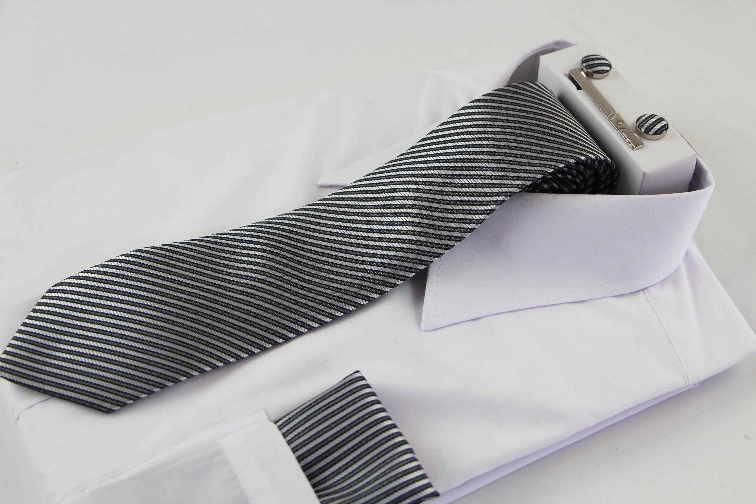 1 Zasel Mens Gunmetal & Silver Striped Matching Neck Tie, Pocket Square, Cuff Links And Tie Clip Set - Multi - Multi, 1 of 4