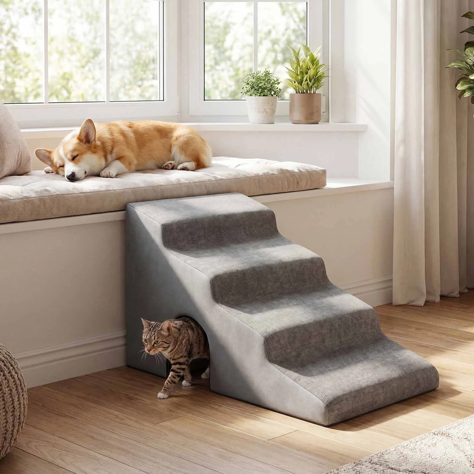 3 Costway 4-Tier Pet Foam Ramp Pet Stairs Climbing Ladders - Grey, 3 of 5