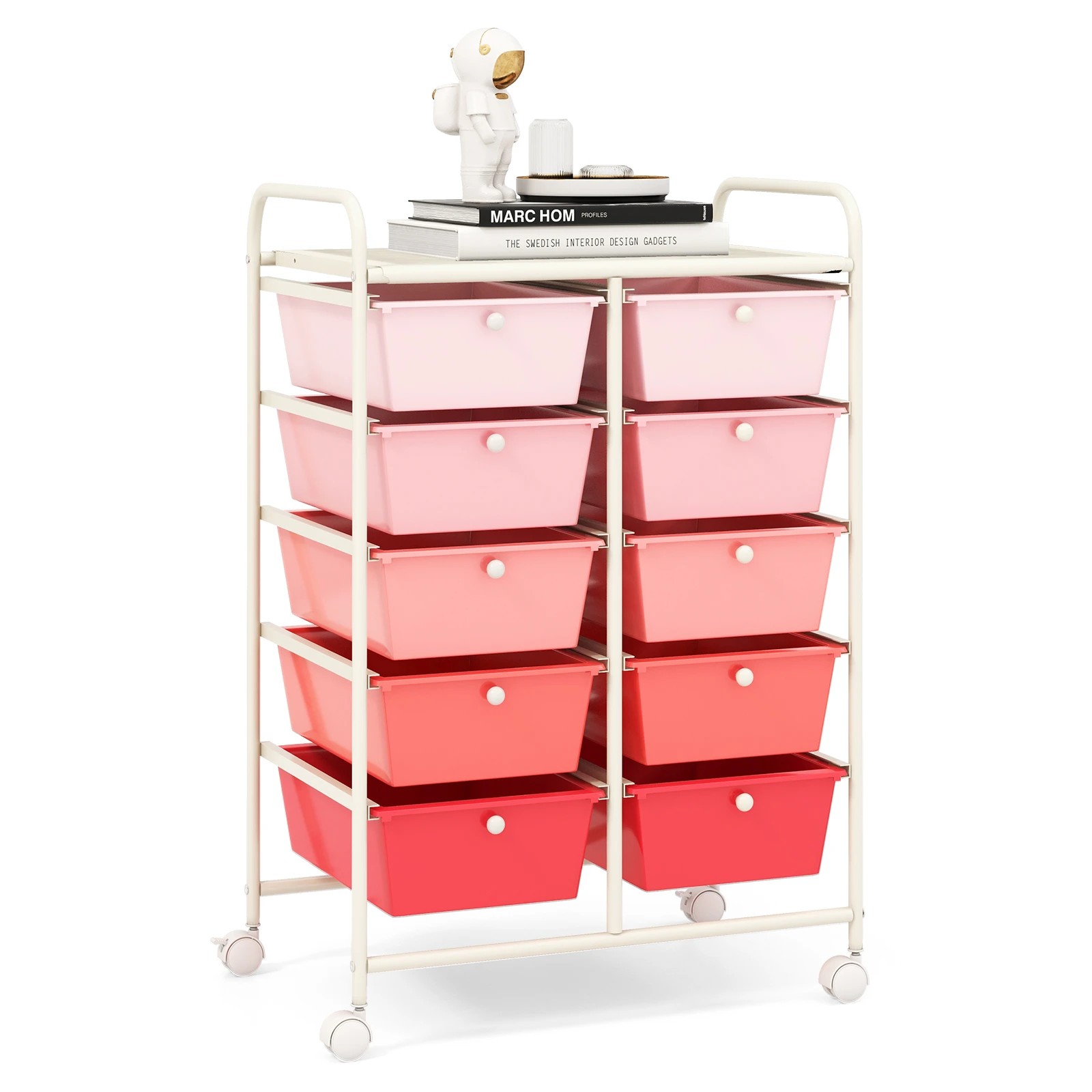 3 Costway 10 Drawers Mobile Storage Cart Utility Trolley - Pink, 3 of 3