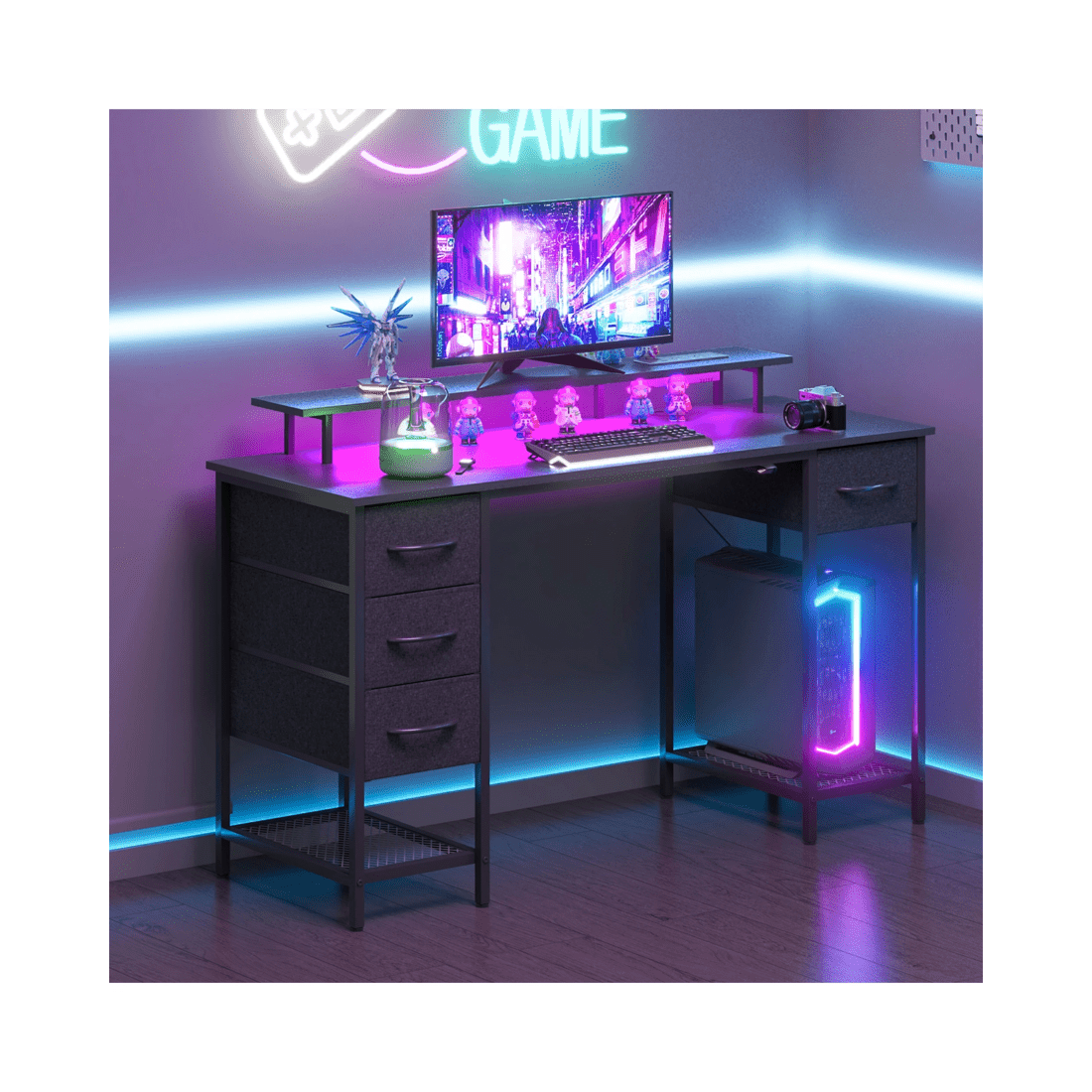8 Advwin 137cm Black Computer Desk With Led Lights Power Outlets Gaming Desk, 8 of 9