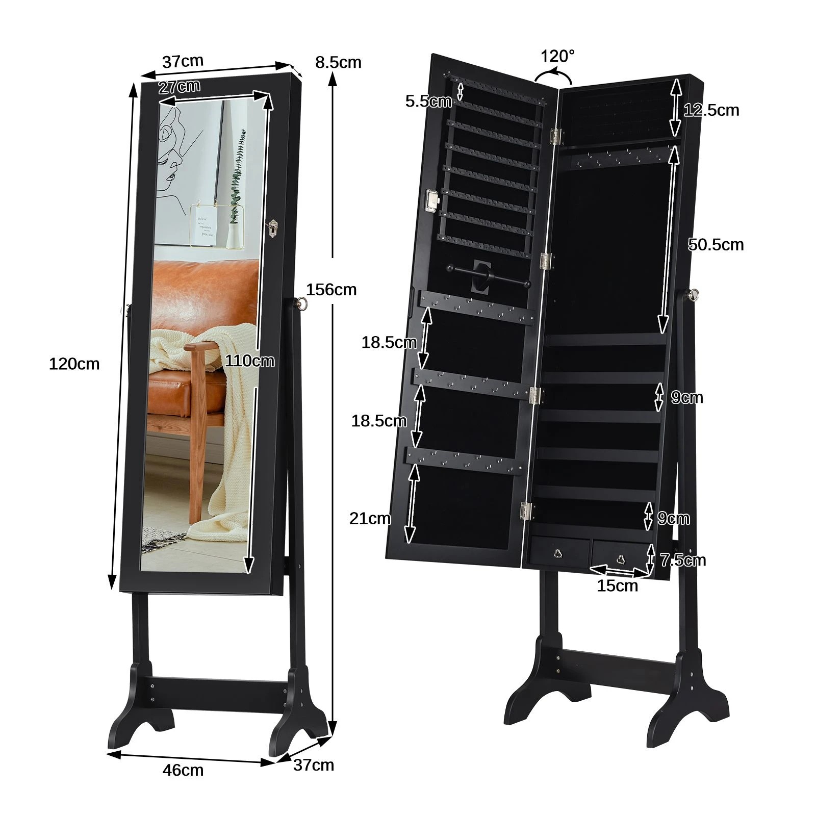 4 Costway Jewellery Cabinet Makeup Storage Organiser w/Full-Length Mirror Floor Jewellery Armoire - Black, 4 of 5