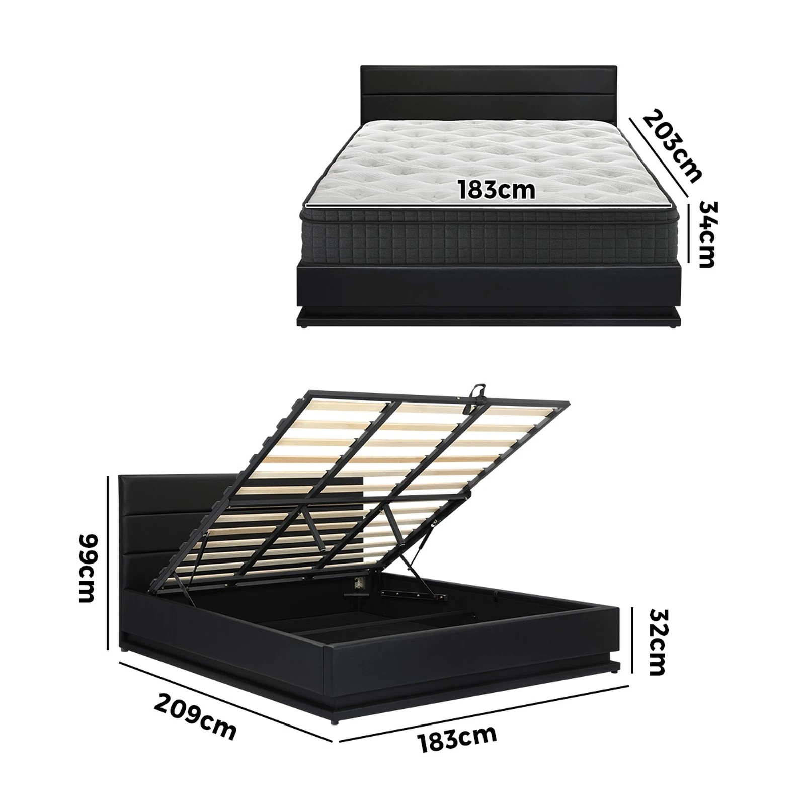 2 Oikiture Bed Frame King Size LED with Gas Lift Storage Mattress Set LAYZ - Black, 2 of 6