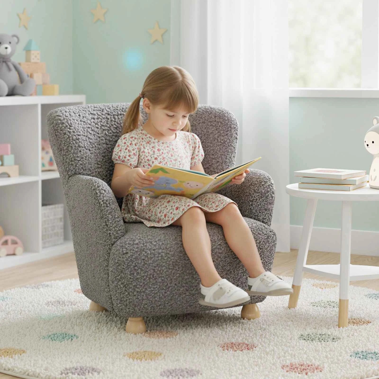 2 Costway Sherpa Sofa Comfy Armchair Upholstered Reading Chair - Grey, 2 of 2