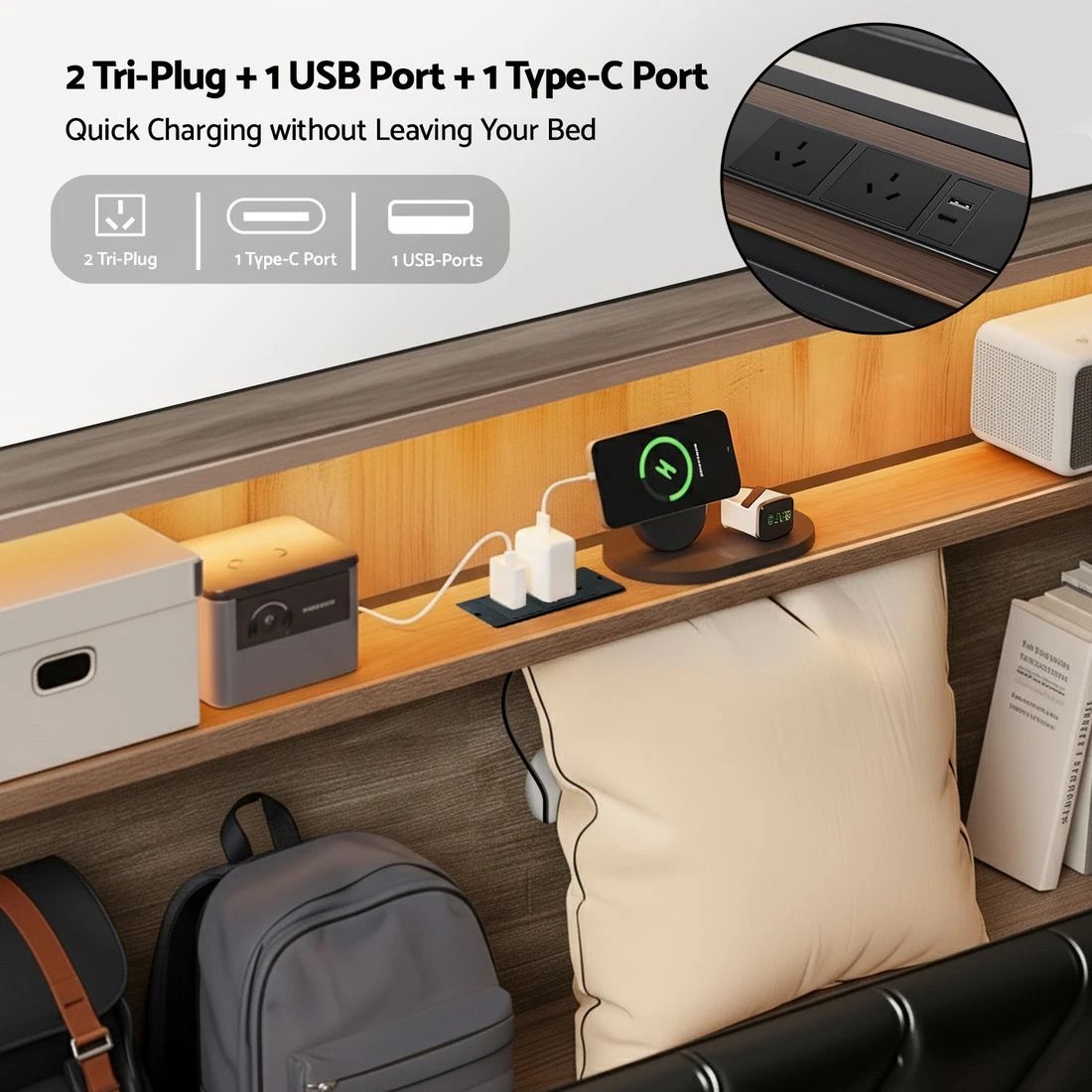 3 Artiss Queen Bed Frame LED Storage Headboard with Charging Station - Black, 3 of 7